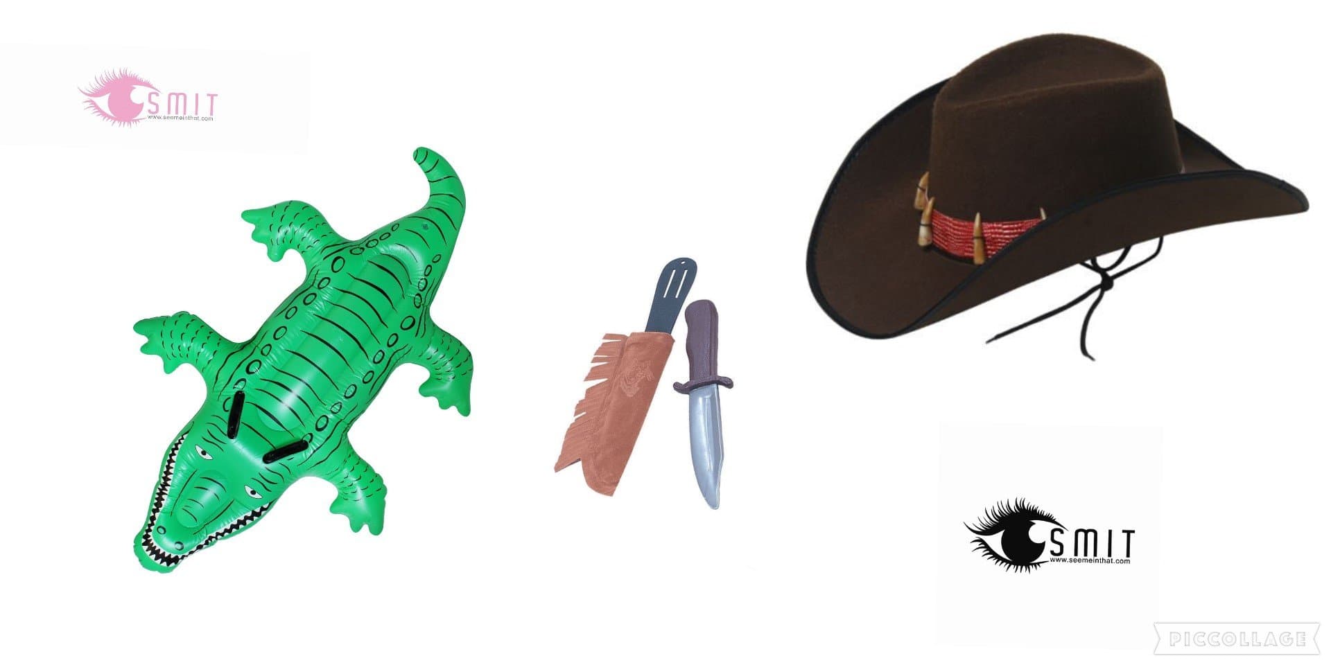 seemeinthat Crocodile Dundee set includes fake knife giant 61 inches inflatable croc and hat with bone teeth.