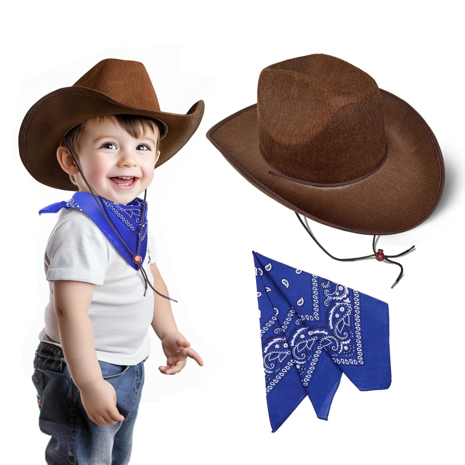 Toddler Cowboy Hat and Blue Bandana for Age 2-5, Baby Infant Gift for Halloween Birthday Western Parties