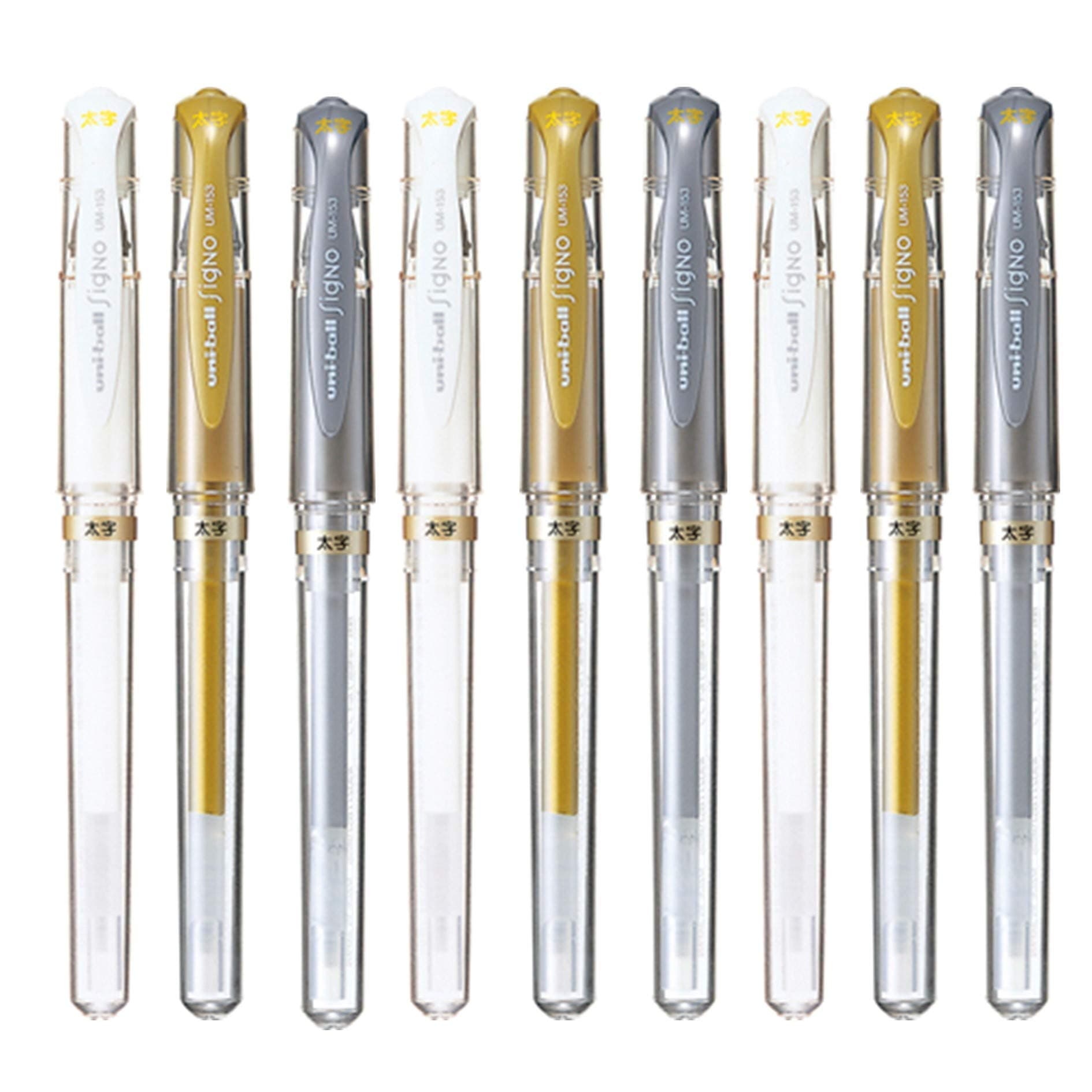 Signo UM-153 Broad Point Gel Impact Pen, 1.0mm, White/Gold/Silver, 3 pens each/Total 9 pens (Japan Import)