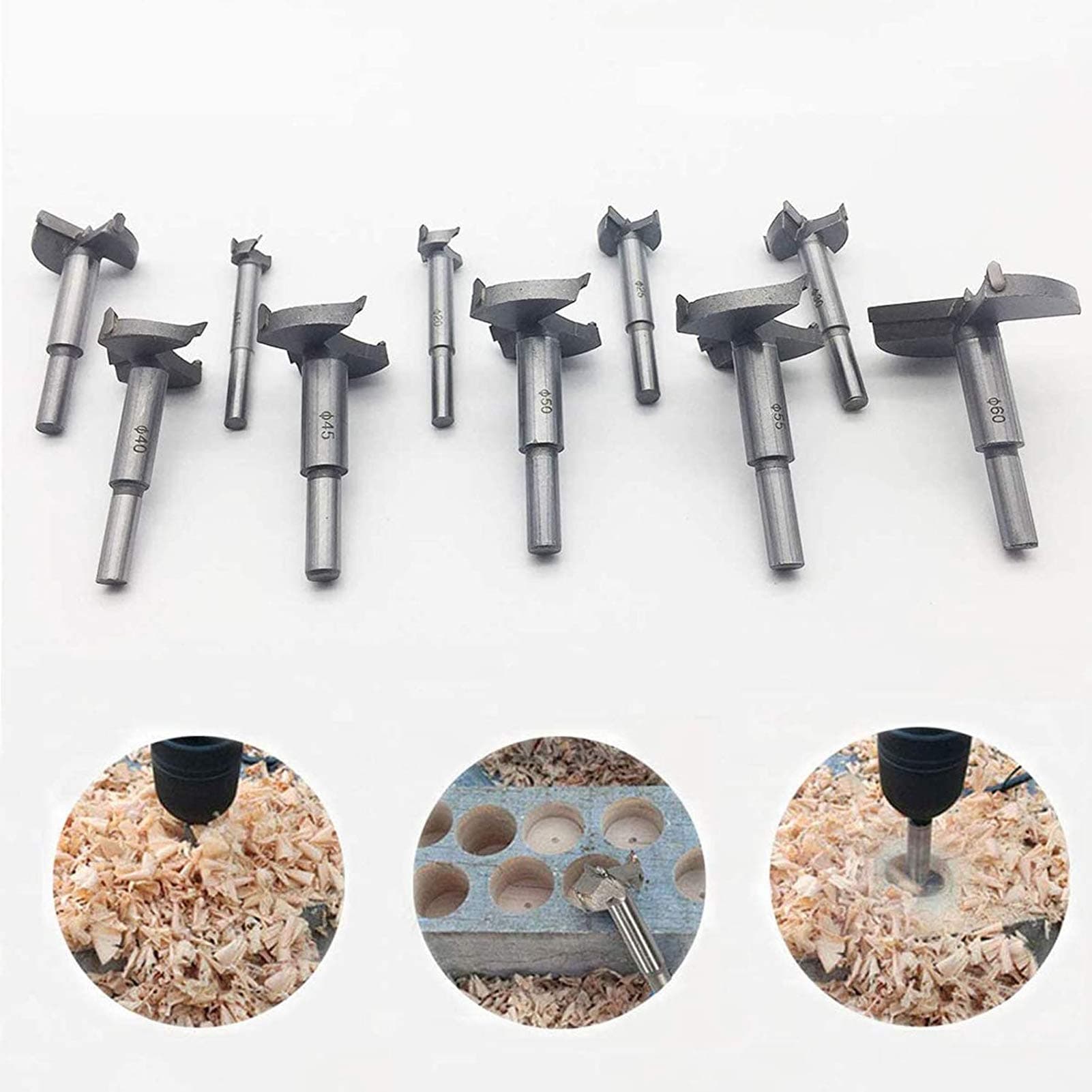 Forstner Drill Bit Sets,10 Pcs Tungsten High Speed Steel Wood Working Hole Cutter Titanium Coated Wood Boring Hole Drilling Sets with Round Shank 5/8"-2-2/5"(15mm-60mm) by TLHOME