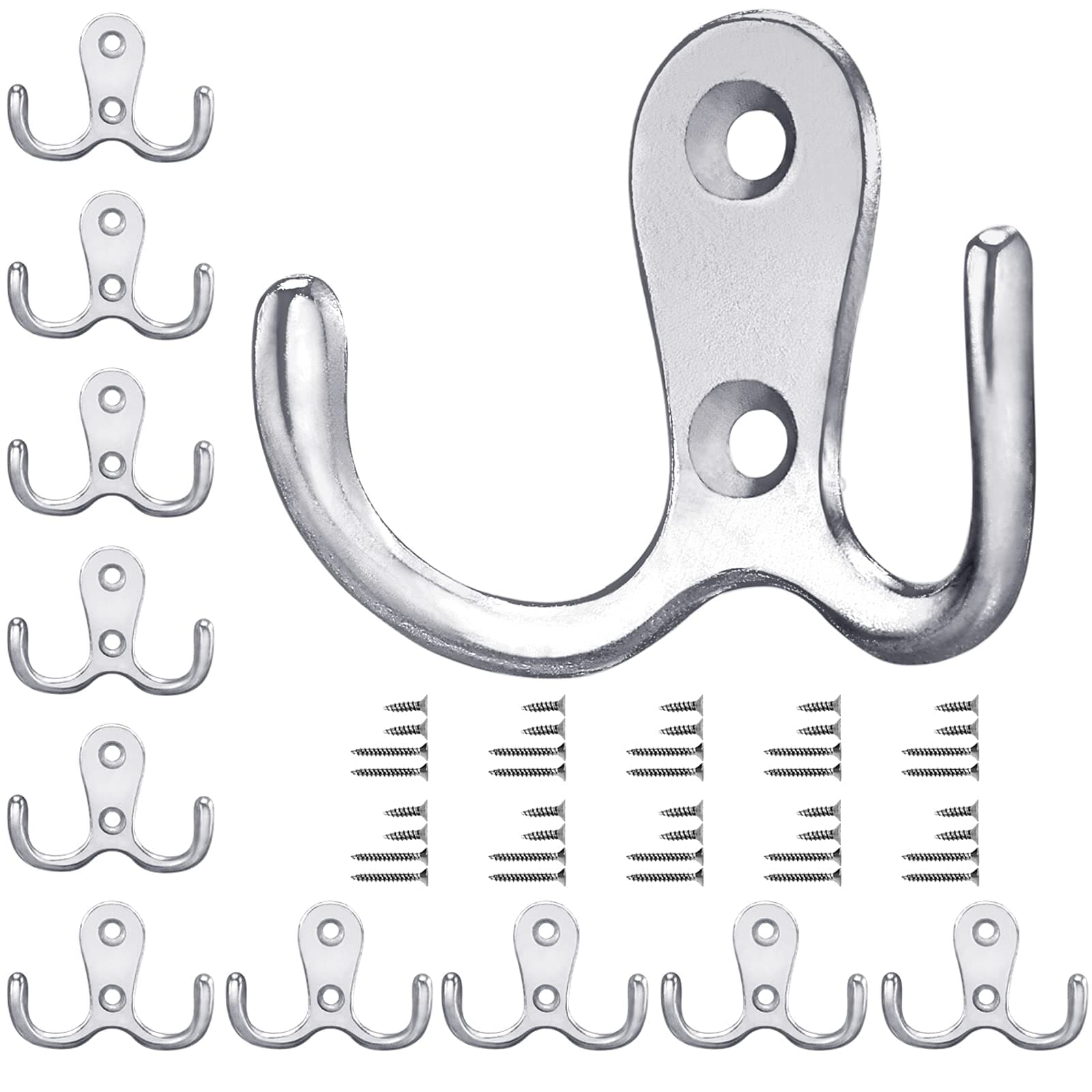 Door Hooks 10PCS, Retro Silver Double Heavy Duty Metal Coat Hook with 40 Screws for Hanging, Robe, Towel, Coat, Bag & Hat (Silver, 10PCS)