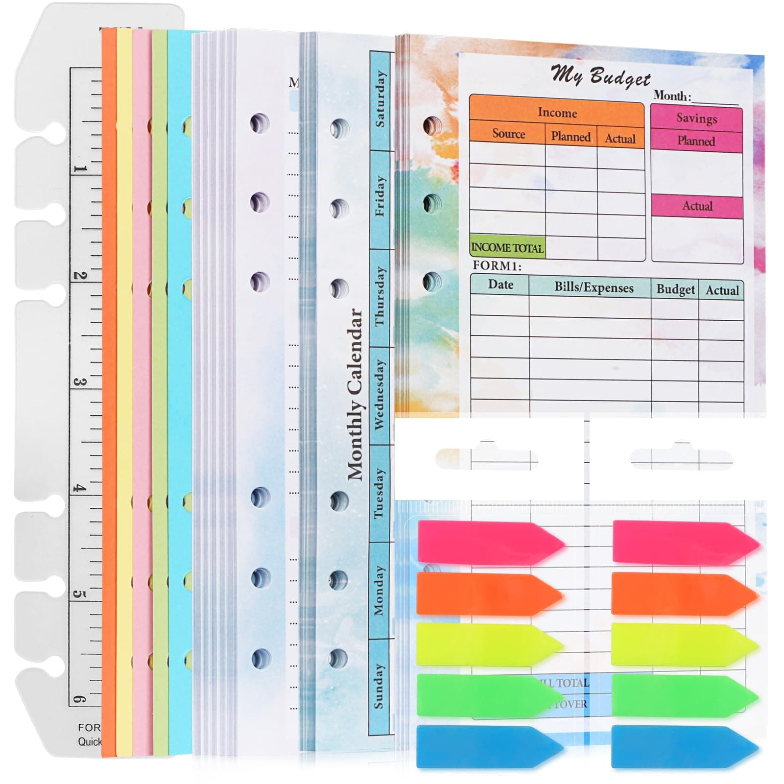 Excefore A6 Planner Inserts,Monthly & Weekly Refills with Expense Budget Sheets, Cash Envelopes, Divider, Today Ruler, Stickers, for A6 Binder Organizer