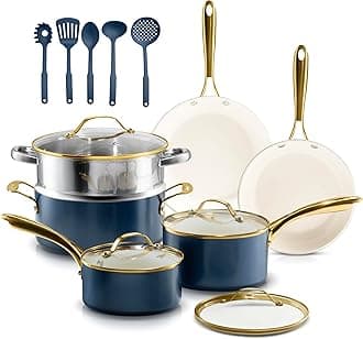 Gotham Steel Cookware Set, 15 Pc Ceramic Non Stick, Oven/Dishwasher Safe, Non Toxic, Cream and Navy
