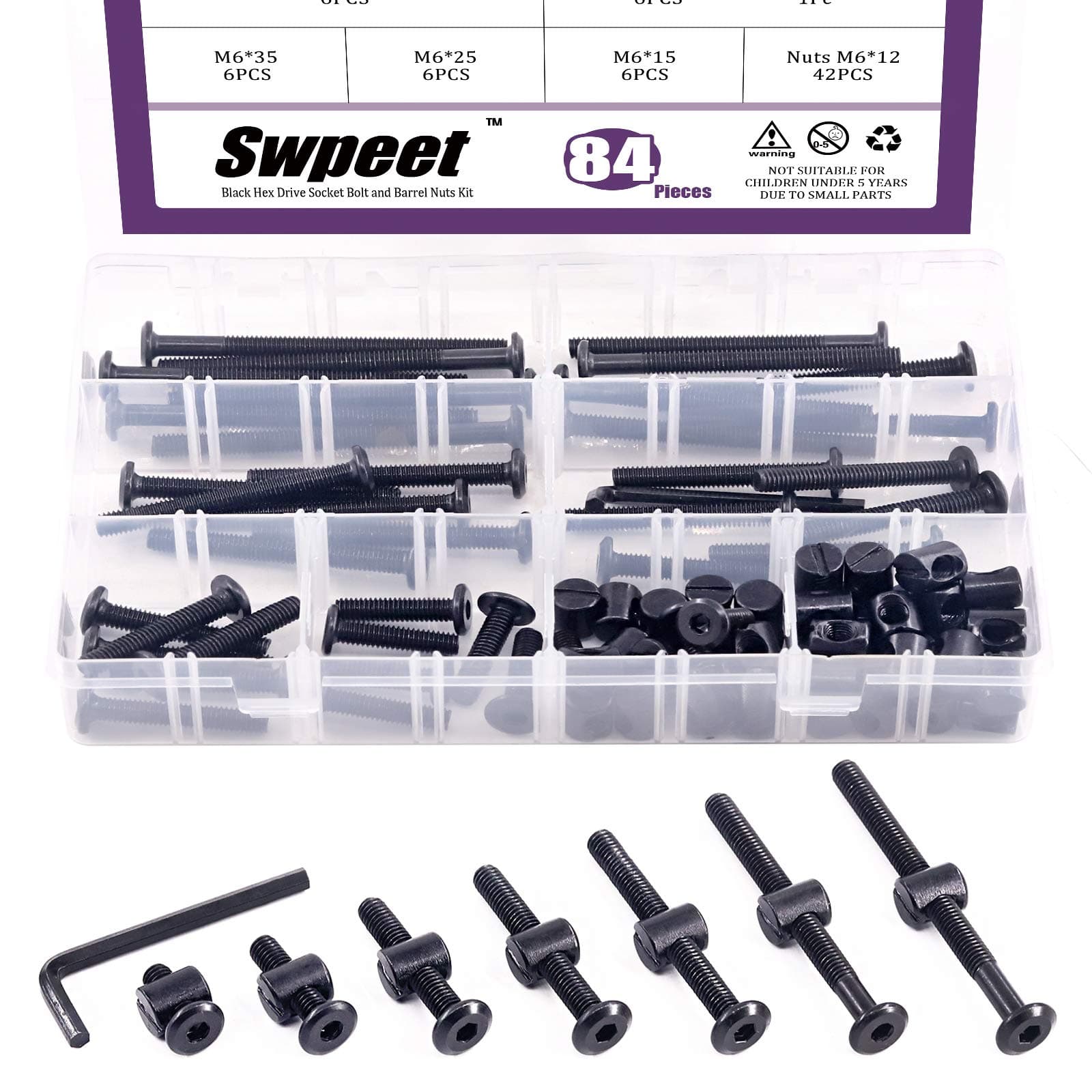 Swpeet 84Pcs Black M6 Ãƒâ€” 15/25/35/45/55/65/75Mm Crib Hardware Screws Kit, Hex Socket Head Cap Baby Bed Bolt And Barrel Nuts With 1 X Allen Wrench Perfect For Furniture, Cots,