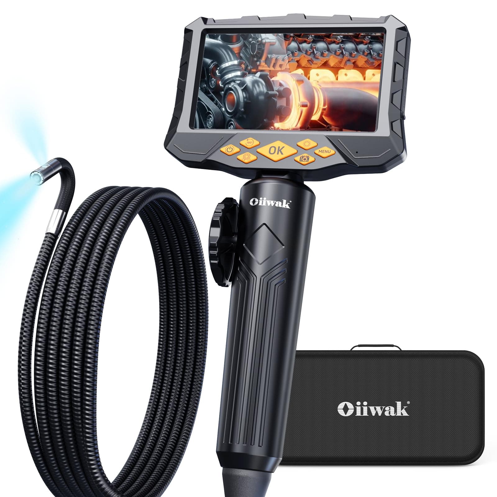 Oiiwak 5'' Screen Two-Way Articulating Borescope, Dual Lens Industrial Inspection Camera Scope with Semi-Rigid Snake Camera, Endoscope Camera with Light for Automotive Mechanics Plumbers 3ft