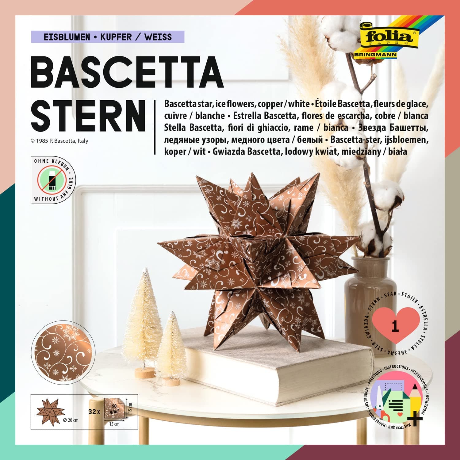 Folia Bascetta Christmas Ornament, Copper/White, 32 Sheets 15 x 15 cm, Finished Size of The Paper Star Approx. 20 cm, with Detailed Instructions-Ideal for Timeless Decoration