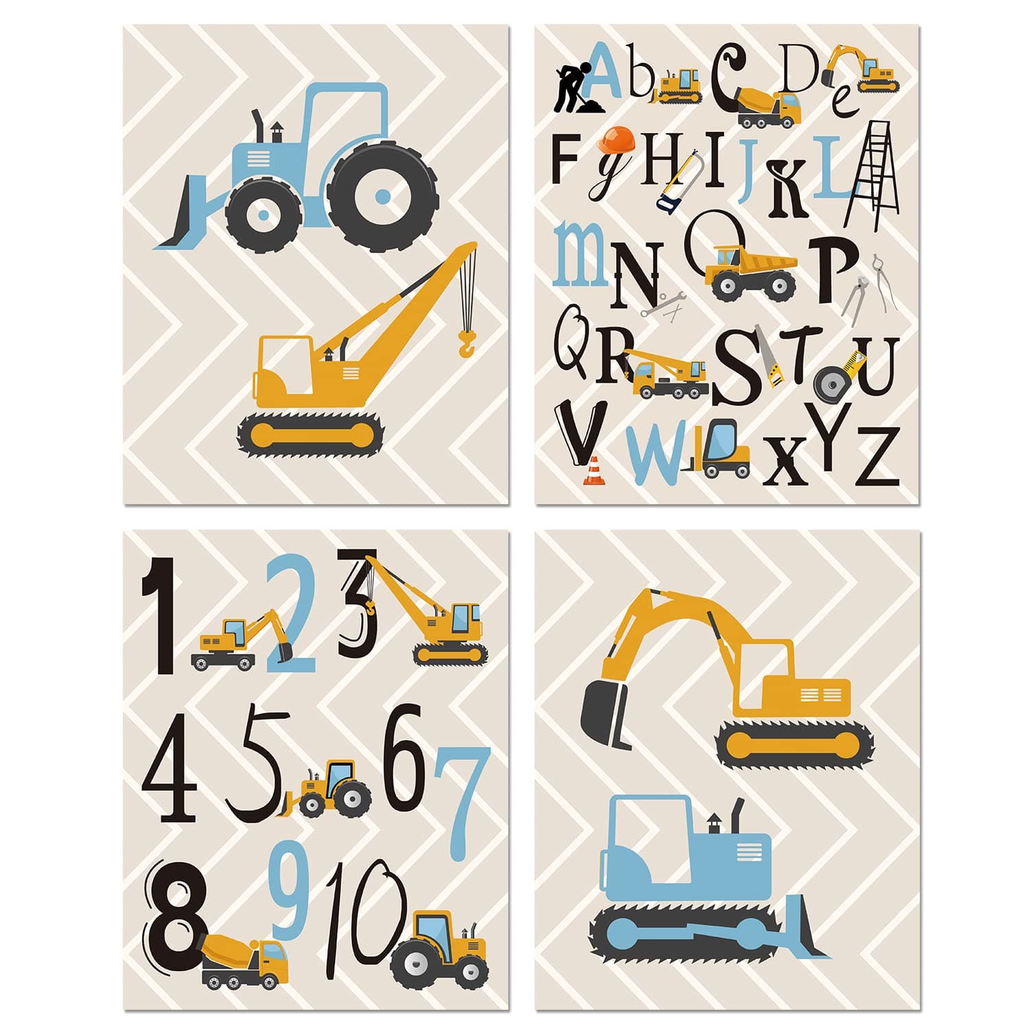 Cartoon Construction Art Print, Set of 4 (8X10”) Trucks,Digger,Transport Vehicle Canvas Poster,Alphabet Numbers Art Painting Set,Boy Bedroom Classroom Decor,Unframed