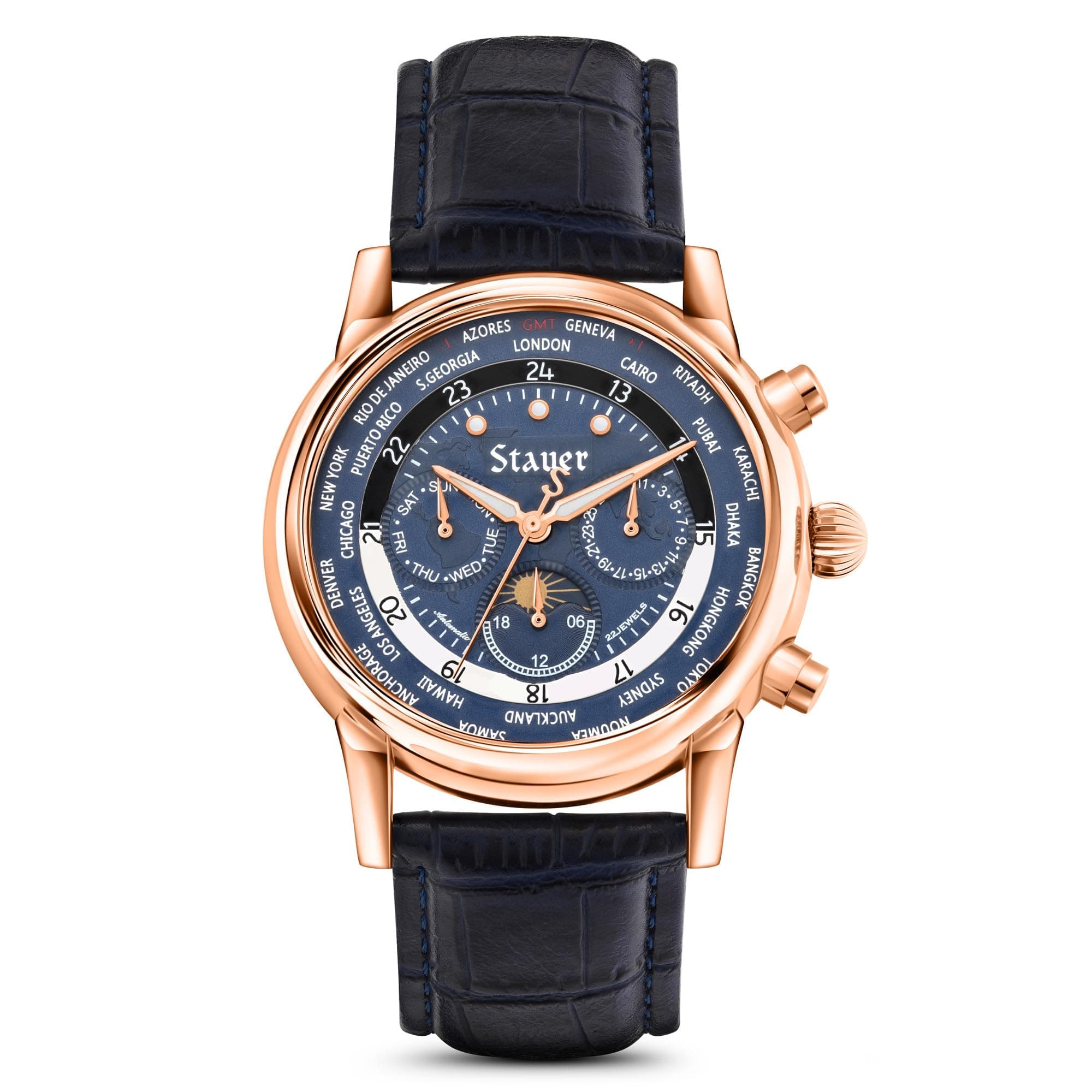 Stauer Globehopper Automatic Watch for Men – 46mm Rose Gold Finished Case, Blue Face with Sun & Moon Phase Dial, World Time Zones and Black Leather Strap