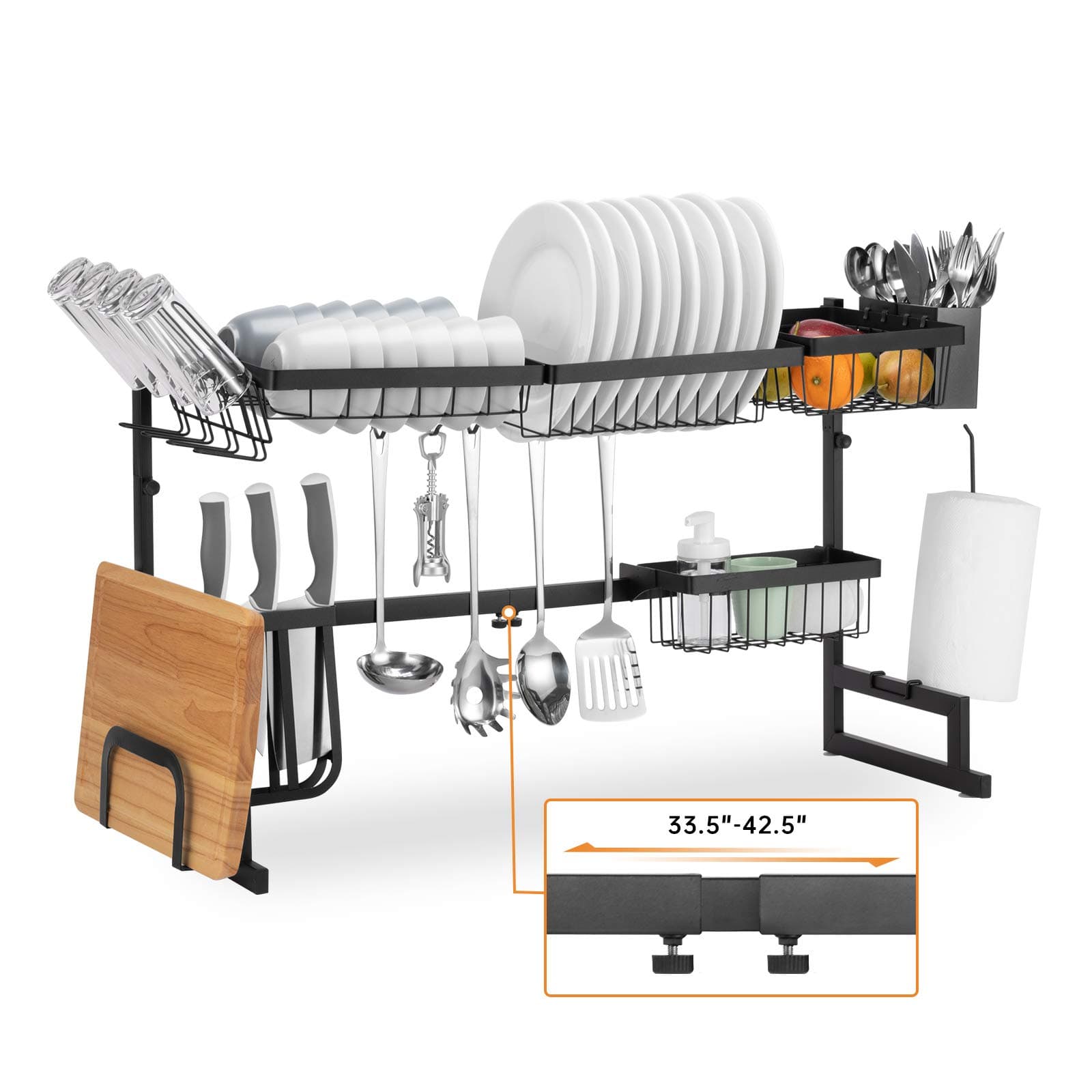 Over The Sink Dish Drying Rack Adjustable (33.5-42.5" Inch), 2 Tier Large Stainless Steel Dish Drainer for Countertop, Kitchen Storage Organizer with 5 Utility Hooks and Paper Holder -Black