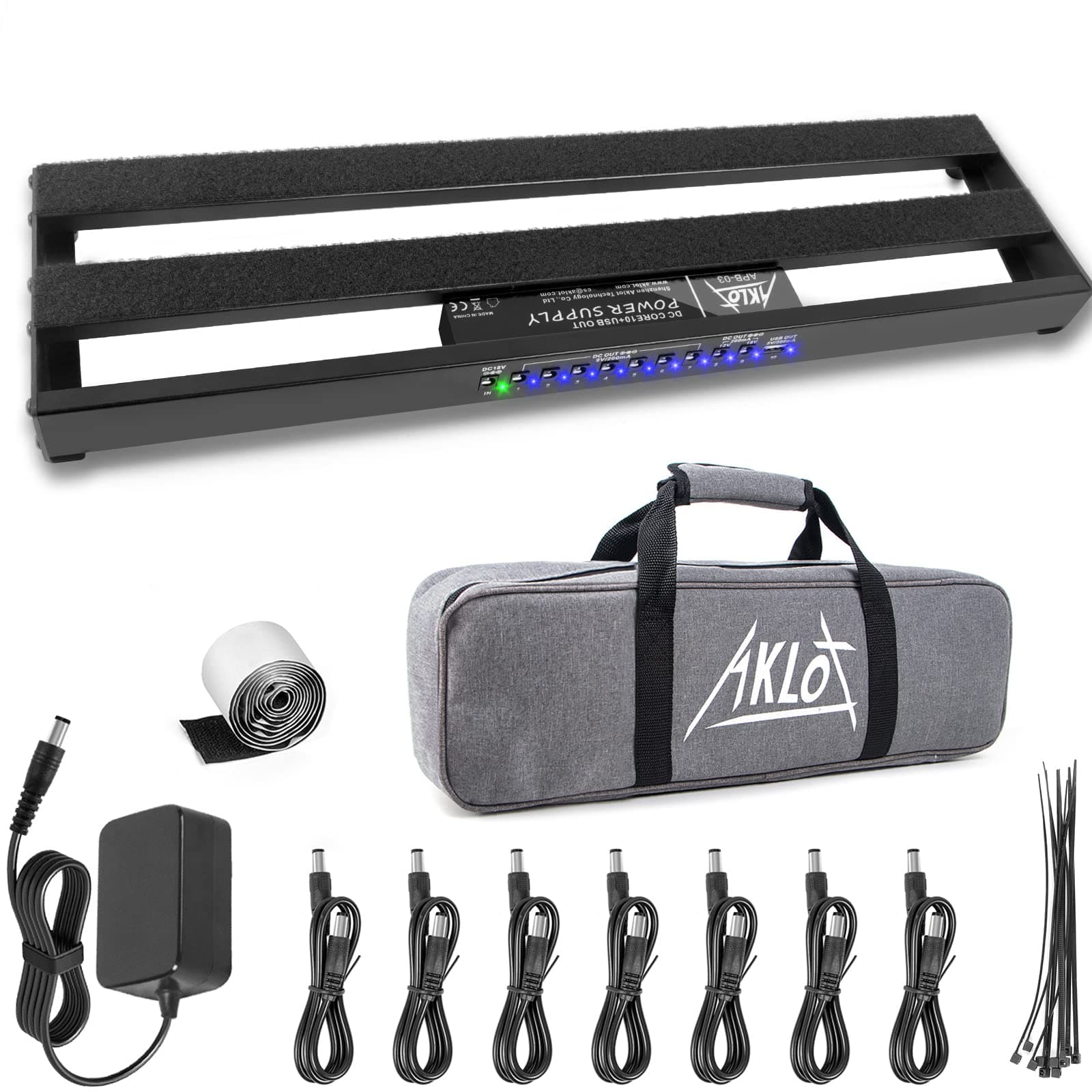 Guitar Pedal Board,AKLOT Pedal Board with Built-in Power Supply Effect Pedalboard Aluminium Alloy 19" x 5" Black APB-03 with Bag, Pedal Cable