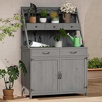 65” Potting Bench Table for Outside, Garden Table for Outdoors with Storage Cabinet, Shelves, Drawers, Work Bench for Planting, Gardening (Gray)
