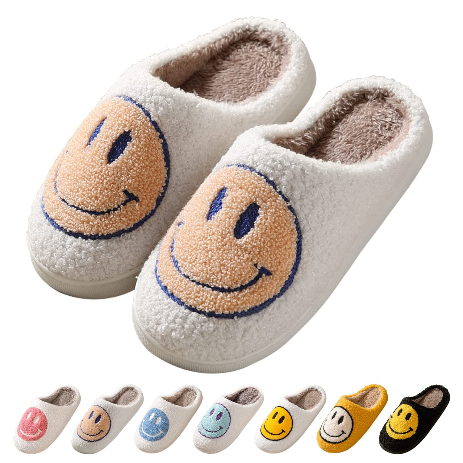 Smile Face Slippers for Women Happy face slippers Retro Soft Plush Warm Slip-on Slippers, Cozy Indoor Outdoor Slippers