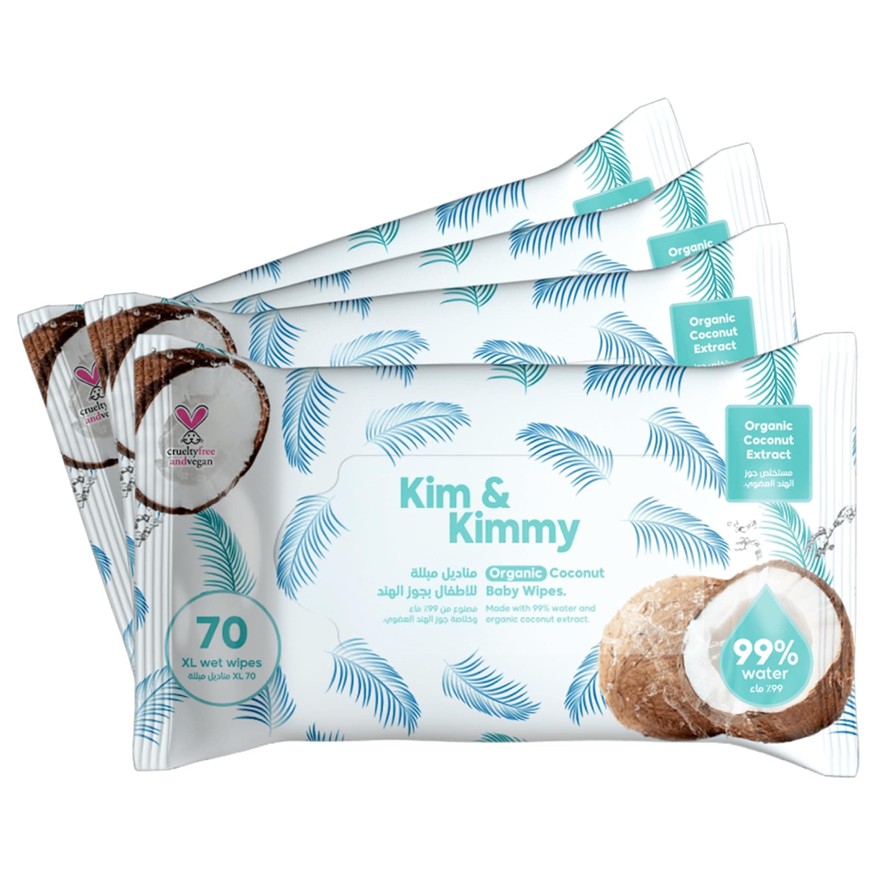Coconut Water Based Wipes - 4 x Pack of 70 (280 Count) - Organic Coconut Extract - Extra Large for Treating Diaper Rash