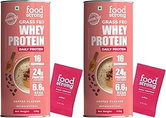 Whey Protein Powder (Concentrate + Isolate), 100% Hormone Free Grass-Fed Whey, 24G Protein & 6.6G BCAA, Coffee, With Turmeric & Digestive Enzymes, 16 Sachets, 560G (Pack Of 2)