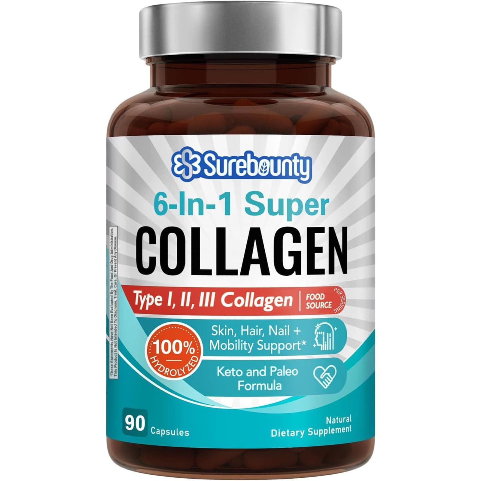 Multi Collagen Complex, Type I, II, III, 6-in-1 Super Collagen with Vitamin C, Hyaluronic Acid, Biotin, Turmeric, Black Pepper, Keto, 90 Capsules