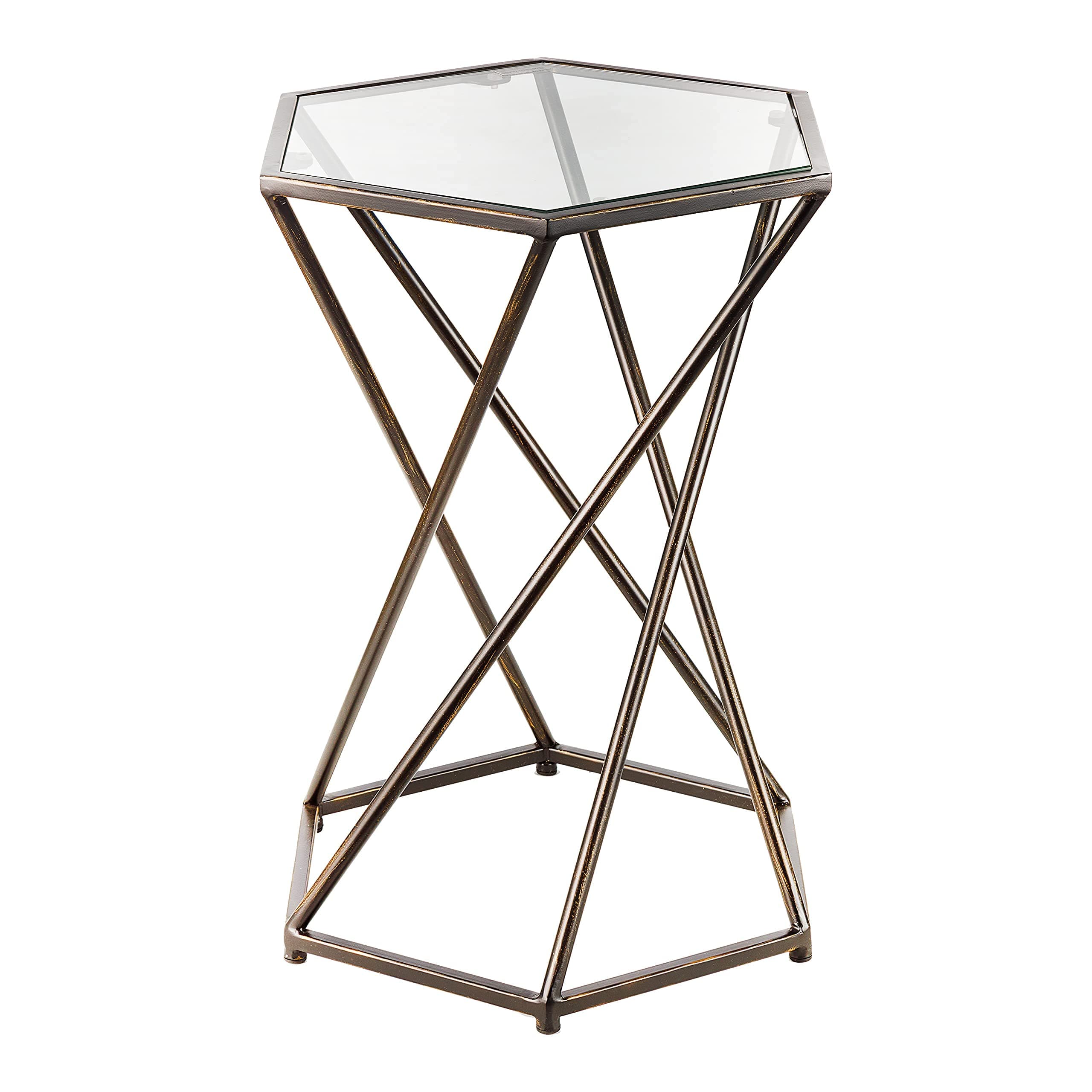 Metal End Table with Glass Top | Modern Bronze Hexagon Accent Table for Living Room Decor and Bedroom Nightstand | 20 Inch Tall Side Table