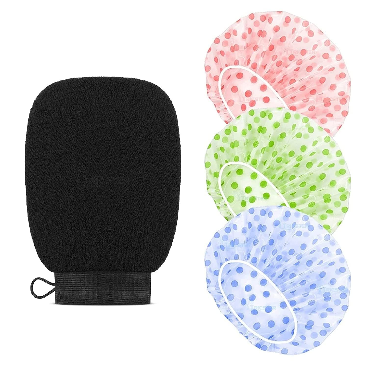 TRICSTER Exfoliating Glove for Women & Men Set of 1, Shower Cap for Women Set of 3 Multicolor (Pack of 4)