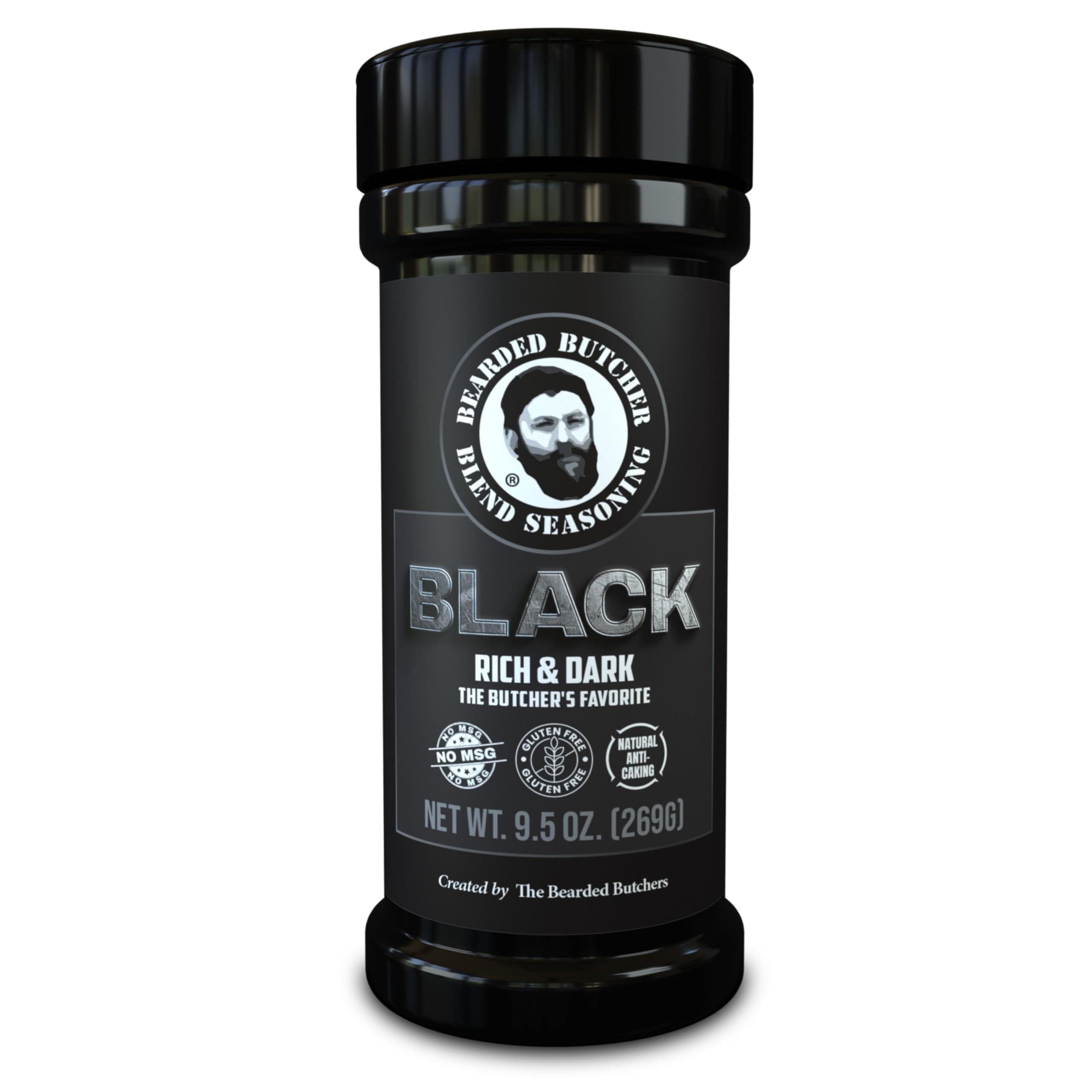 Bearded Butchers Black Blend Seasoning, 9.5 oz Large Shaker – Coffee & Molasses Flavor for Steaks, Brisket, Burgers, Roasts, Game Meats – Gluten-Free, No MSG, Low Calorie, Rich, Versatile Seasoning