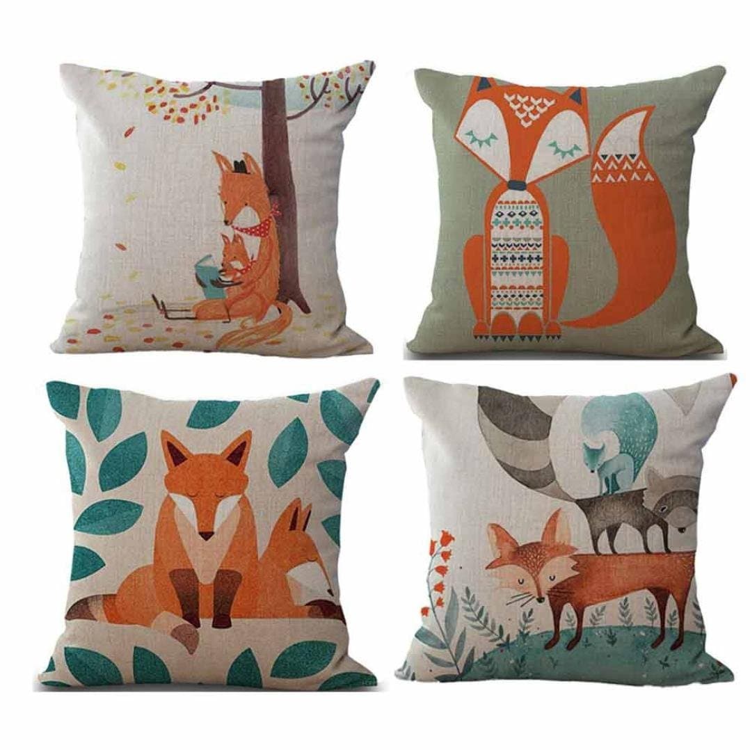 4 X Fox Throw Cotton Linen Pillow Cover Square