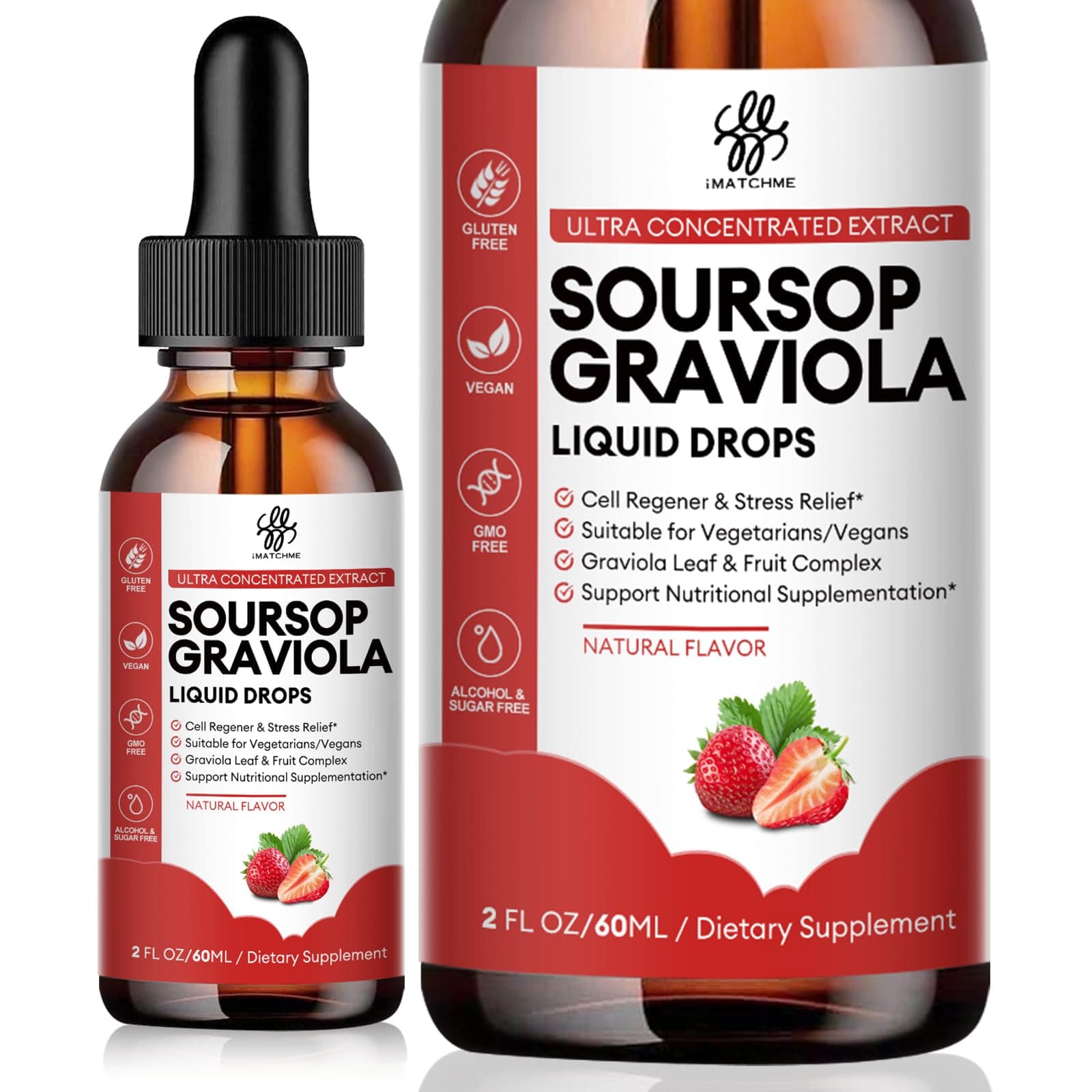 iMATCHME Soursop Graviola Liquid Drop, Soursop Bitters Liquid, Natural Soursop Leaves & Fruit Complex for Overall Wellness, Sugar/Caffeine/Gluten Free, Strawberry Flavor, 2 Fl Oz
