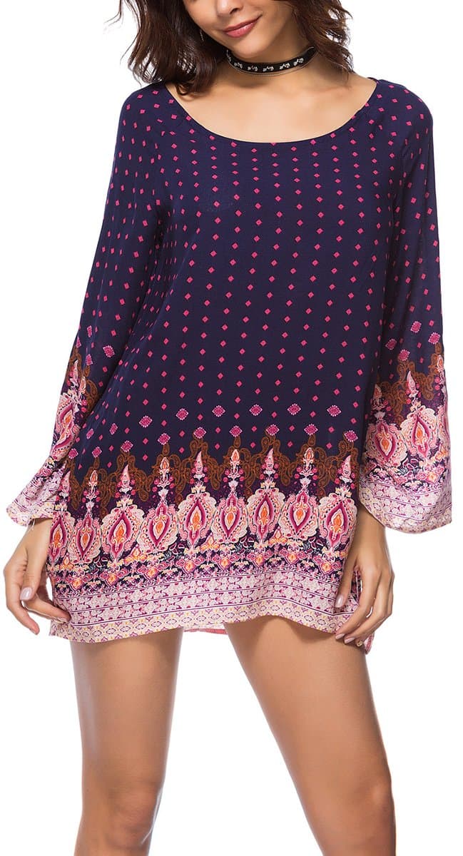 Women's Bohemian Vintage Printed Ethnic Style Loose Casual Tunic Dress(Navy/Pink-XL)