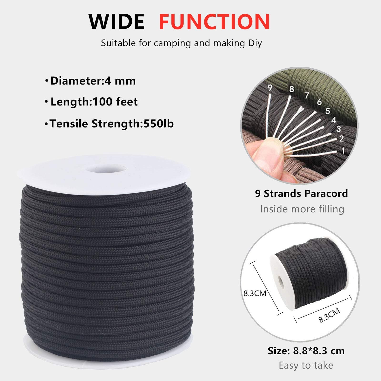 Paracord 550 Cord Roll Mil-Spec 550lb Paracord 100Feet Spool