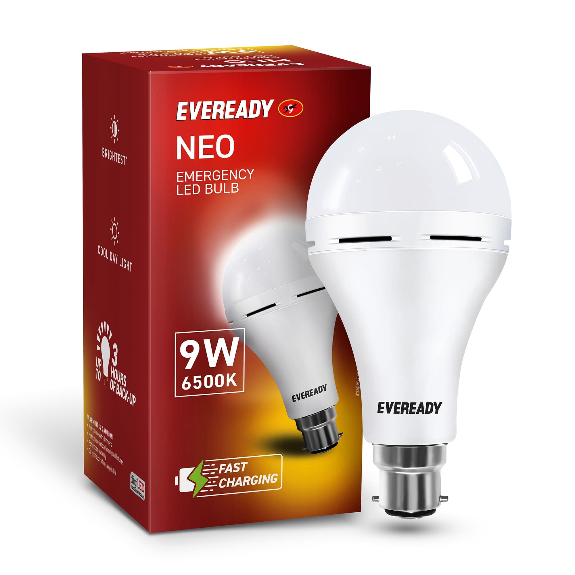 Eveready9W Emergency Inverter LED Bulb Cool Day Light (6500K), Rechargeable Bulb with 3 Hours Backup, Ideal for Powercuts, Energy Efficient, B22 Base, Pack of 1