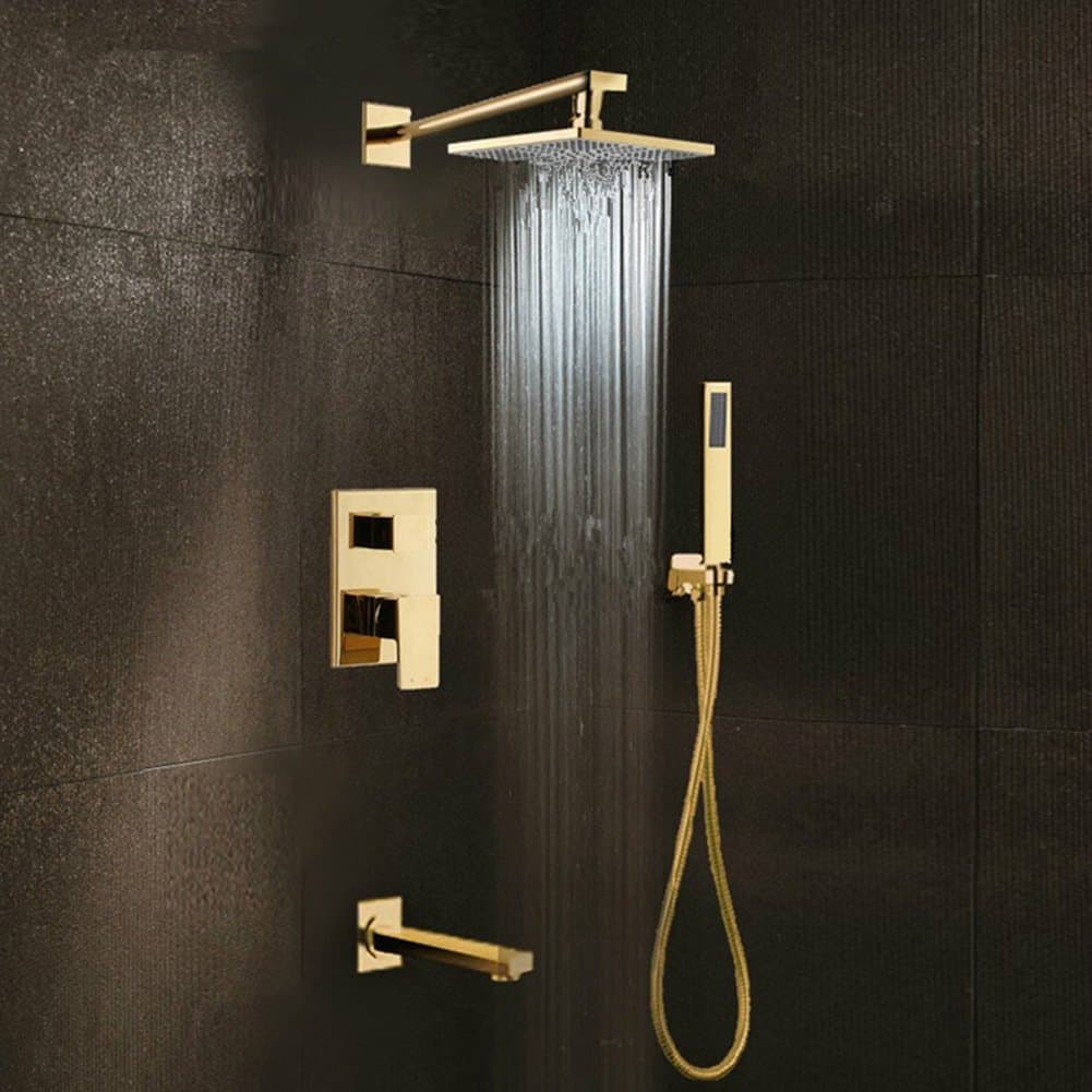 AllureFeng Gold Brass Rainfall Shower Head Widespread Waterfall Tub Mixer Tap Bathroom Bath Shower Faucet Set Wall Bathroom Shower System