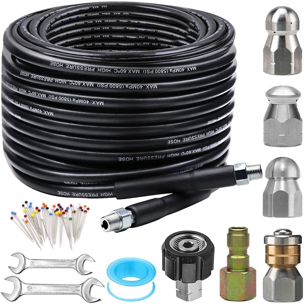 Sewer Jetter Kit for Pressure Washer 100FT, 5800PSI Drain Cleaner Hose 1/4 Inch NPT Corner, Rotating and Button Hose Sewer Jetting Nozzle Pearl Corsage Pin Waterproof Tape with 2 Spanner