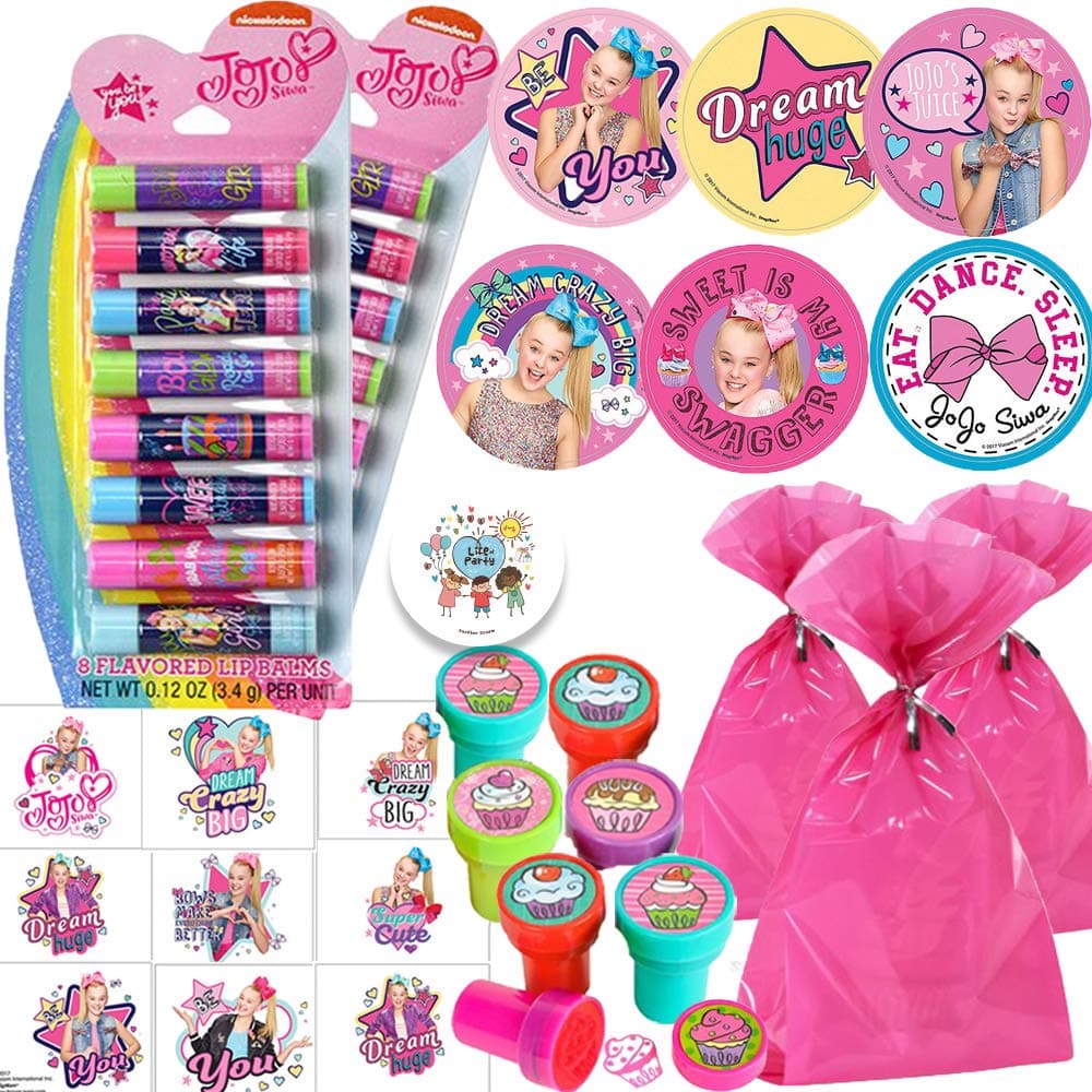 JoJo Siwa Birthday Party Favors Pack For 12 Guests With Jojo Siwa Chapstick, Jojo Stickers, Tattoos, Cupcake Stampers, Pink Goody Bags and Exclusive Pin