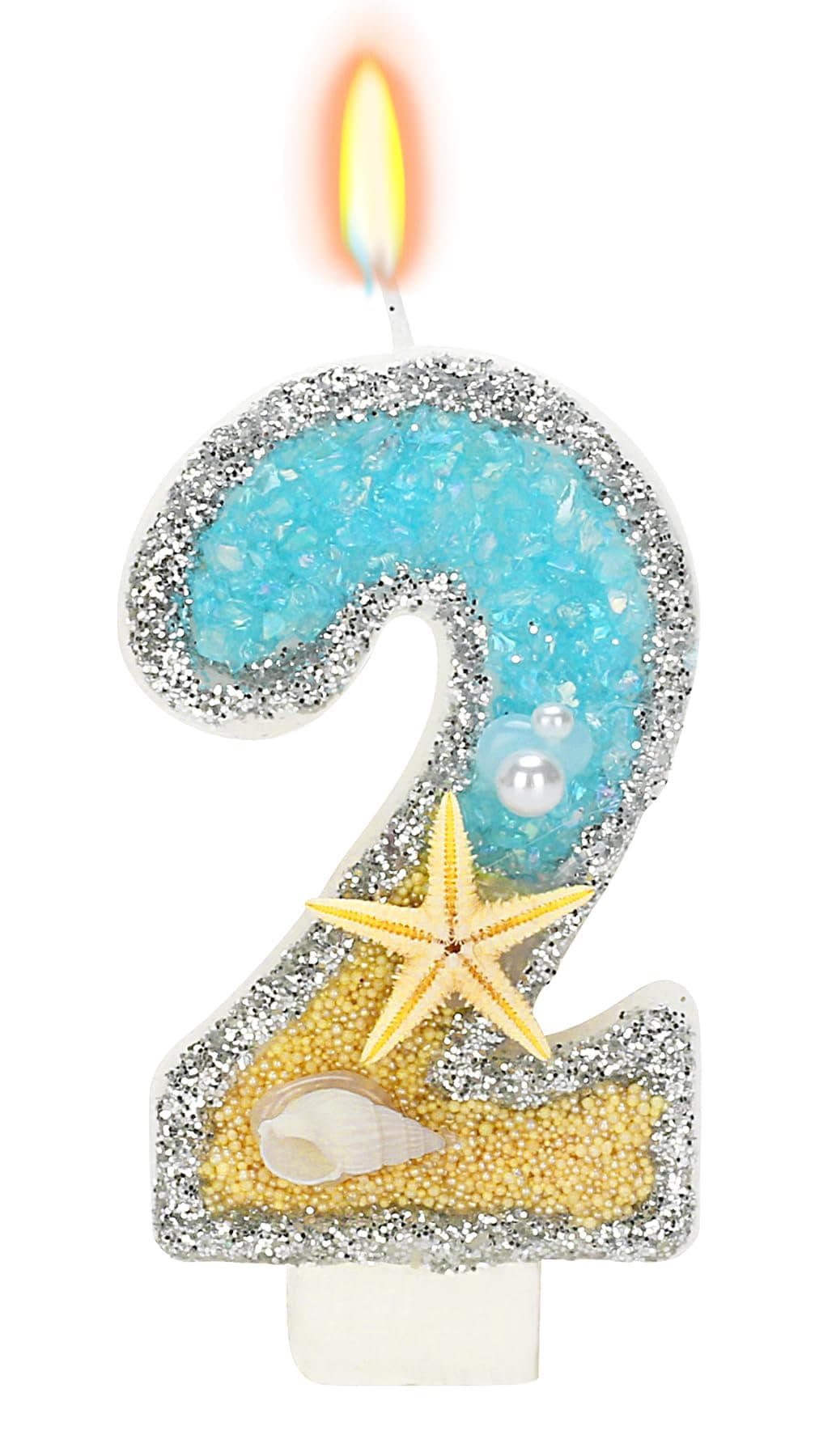 ElekFX 2nd Birthday Number 2 Candle, Beach Starfish Sequins, Unscented, Smokeless, Non-Toxic, Indoor, Birthday & Anniversary Decoration