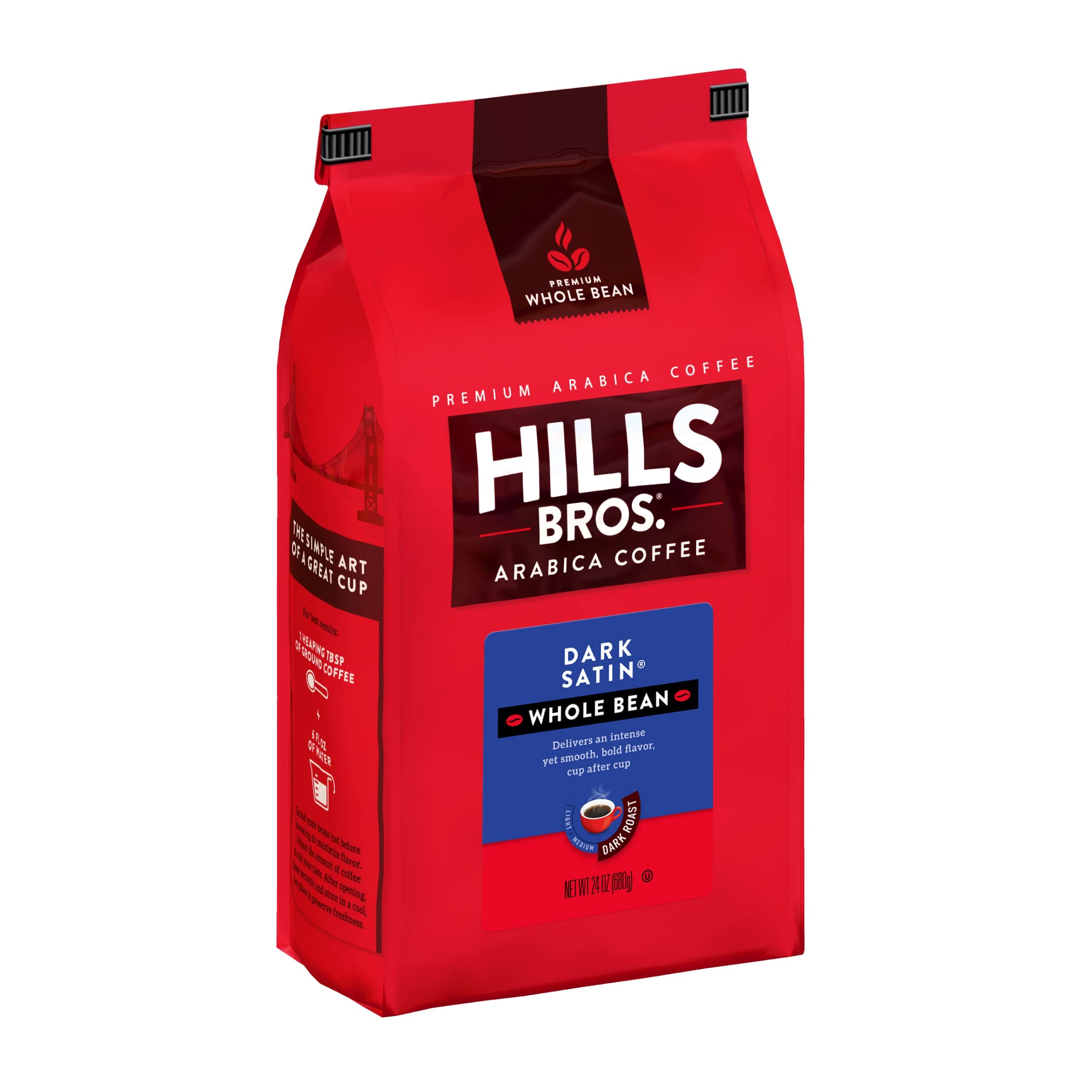 Hills Bros. Dark Satin Whole Bean Coffee – Rich and Bold Premium Arabica Coffee Beans – Orthodox Union Kosher – Dark Roast, Fresh Grind for Best Aroma & Taste – Dark Satin, 1 Pack of 24oz