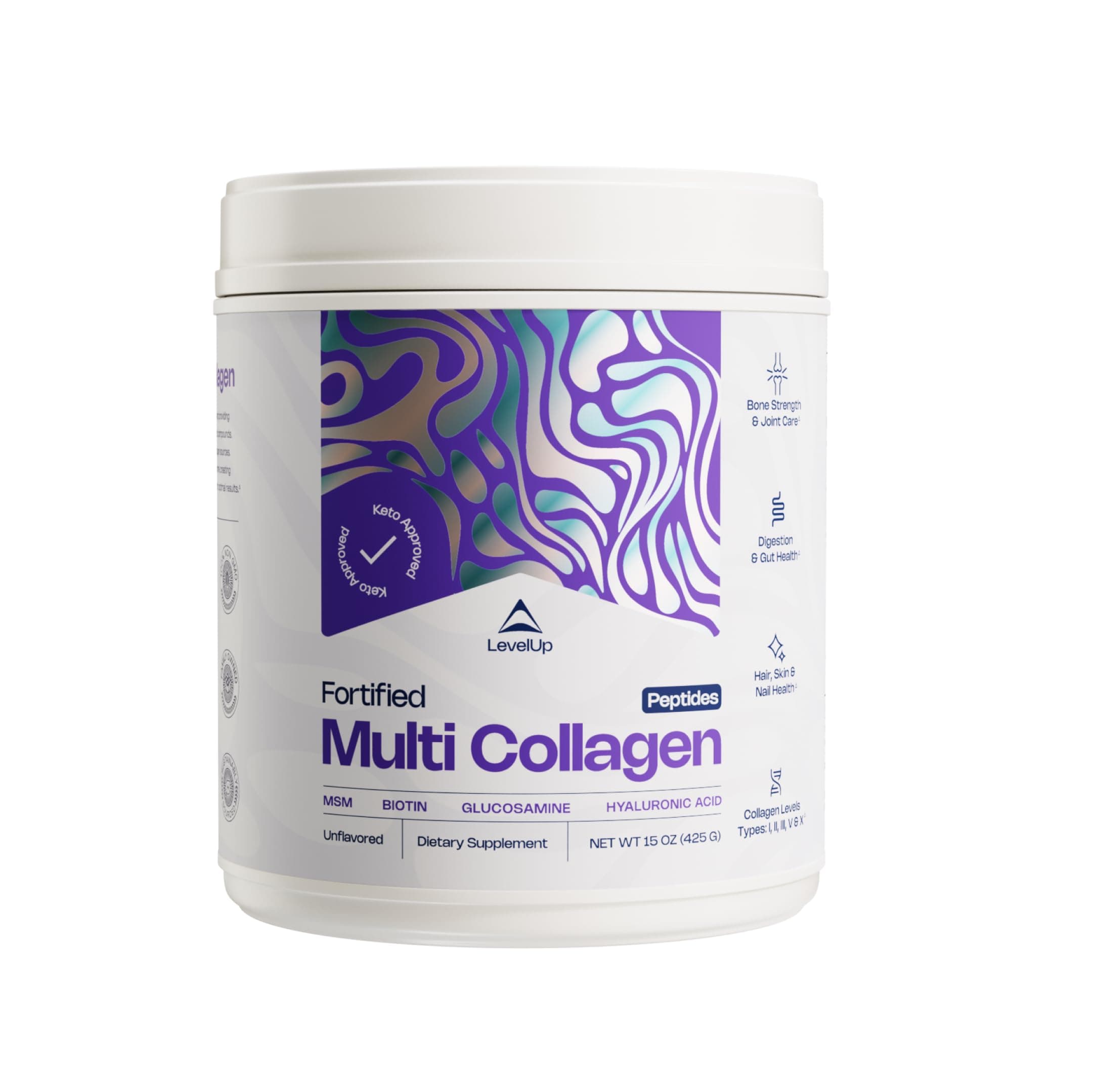 Fortified Multi Collagen Protein Powder: Types I, II, III, V & X with Added Biotin, Hyaluronic Acid, Glucosamine, MSM for Joints Hair Skin Nails Gut - Keto Approved (Unflavored Powder - 50 Servings)