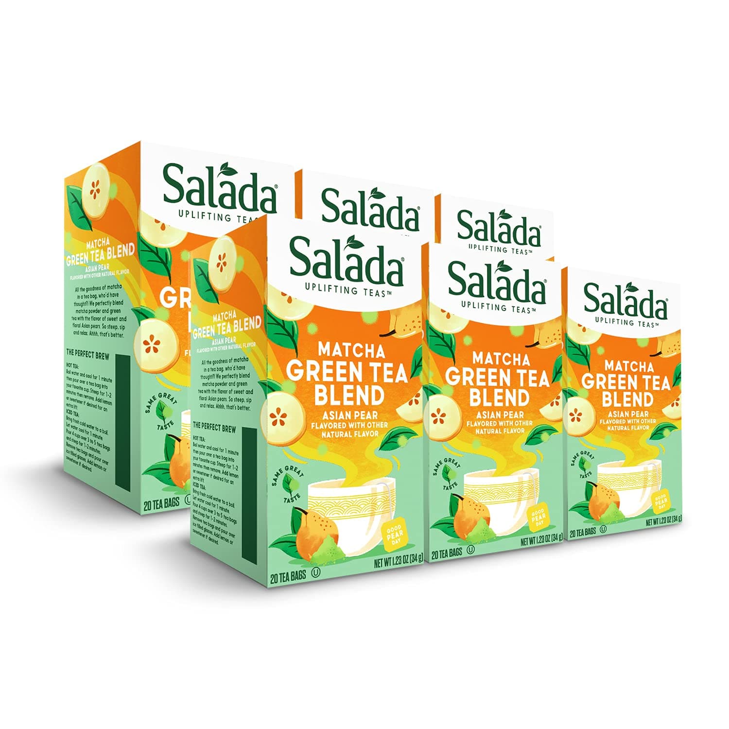 SaladaAsian Pear Matcha Green Tea Blend with 20 Individually Wrapped Tea Bags Per Box (Pack of 6) Brew Hot Naturally Flavored Infused with Real Fruit Juice Green Tea Served Hot/Cold