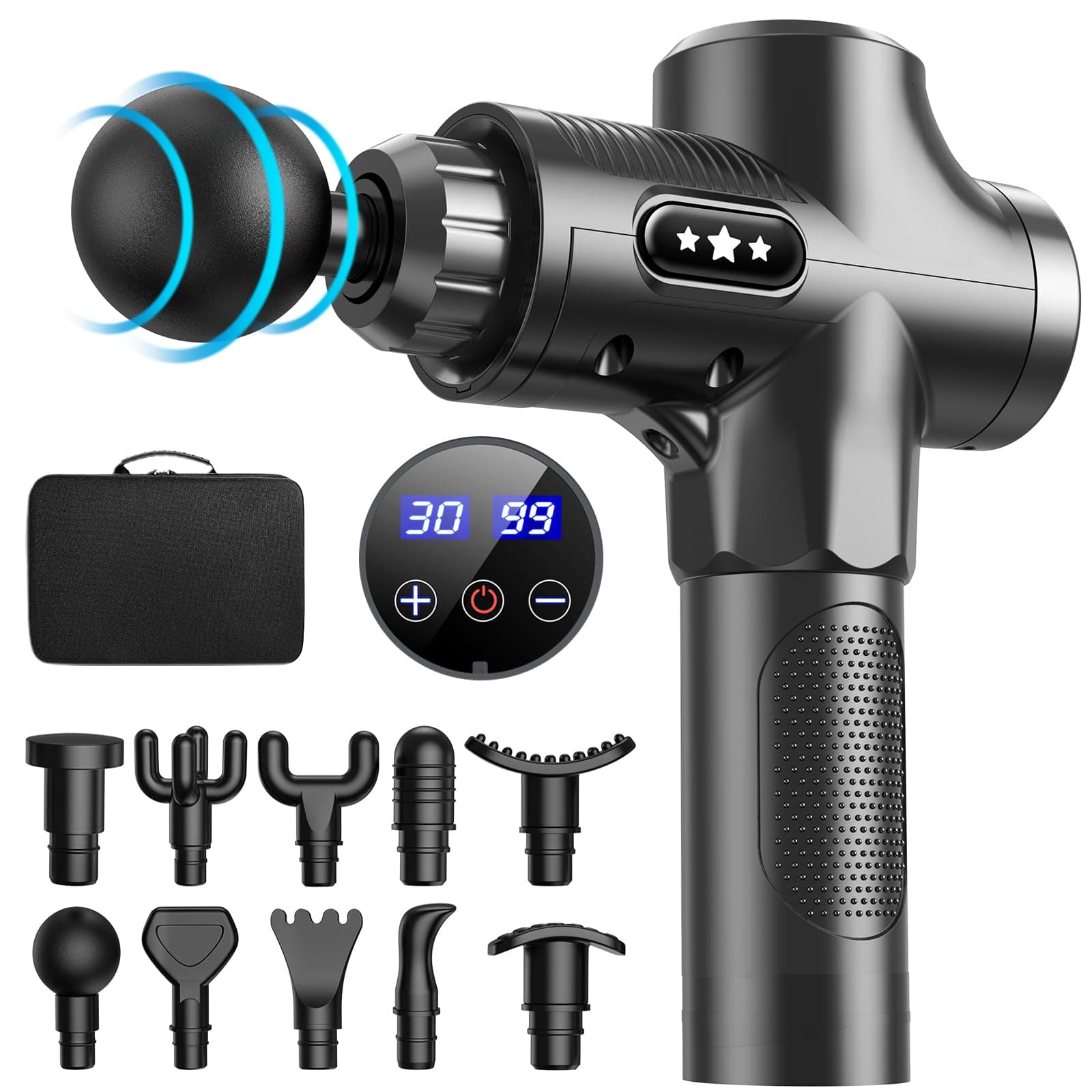Massage Gun, ANSGEC Muscle Massage Gun with 10 Heads and 3500RPM, 30 Speeds Anti Slip Electric Handheld Massagers, Type-C Charging Massage Gun Deep Tissue for Body Relax, LCD Display