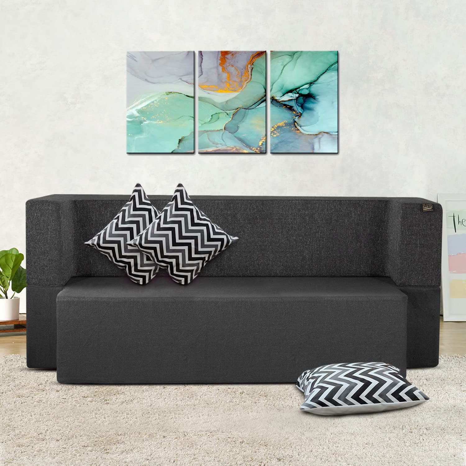 3 Seater Sofa Bed Jute Fabric 72x36x14 Inches Washable Cover with 3 Cushions (Dark Grey, 72x36x14inches | 3 Sits and 1 Sleeps) 3-Person Sofa