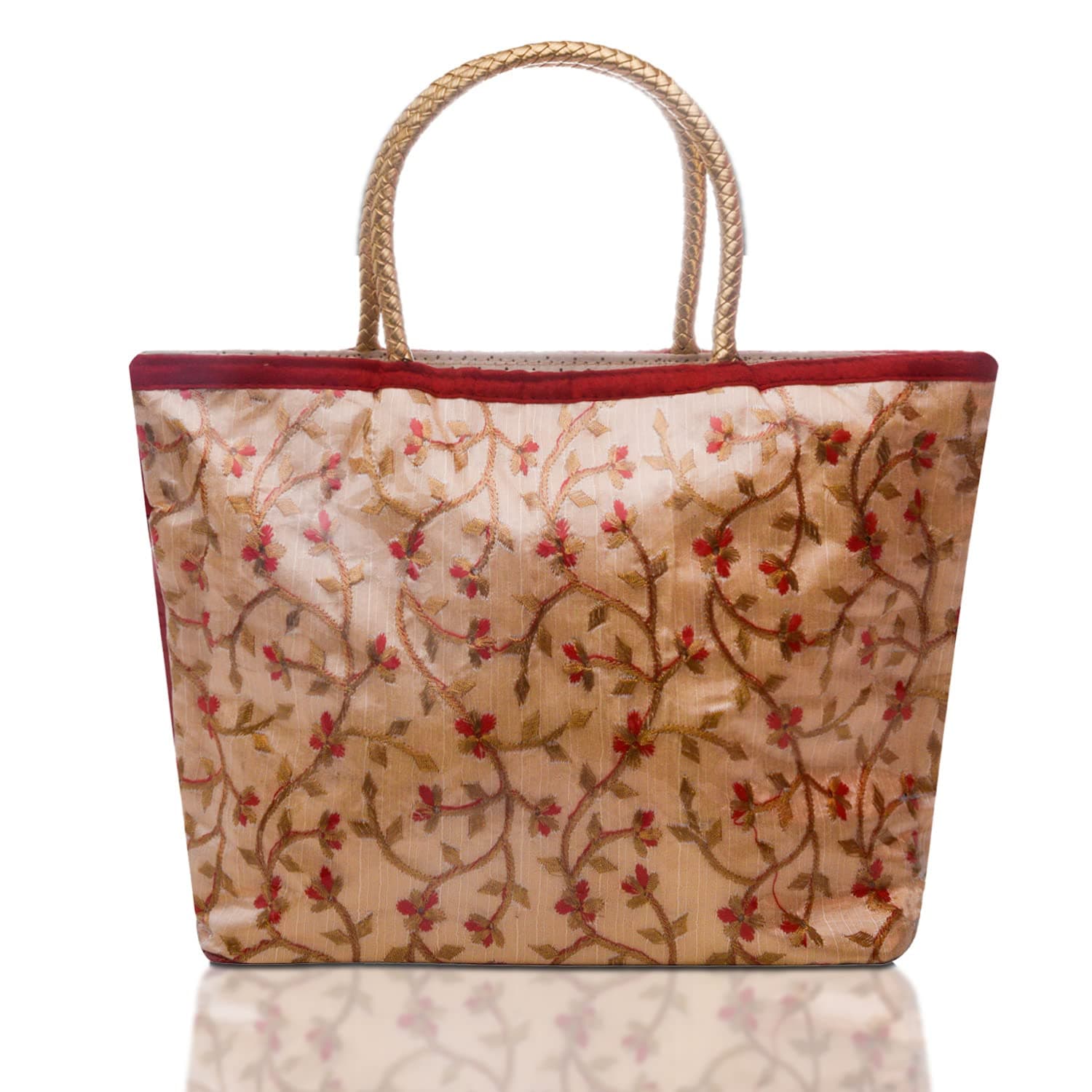 Kuber IndustriesHand Bag|PVC Laminated Floral Red Border Embroidery Purse|Traditional Indian Handmade Shoulder Bag with Golden Handle (Red)