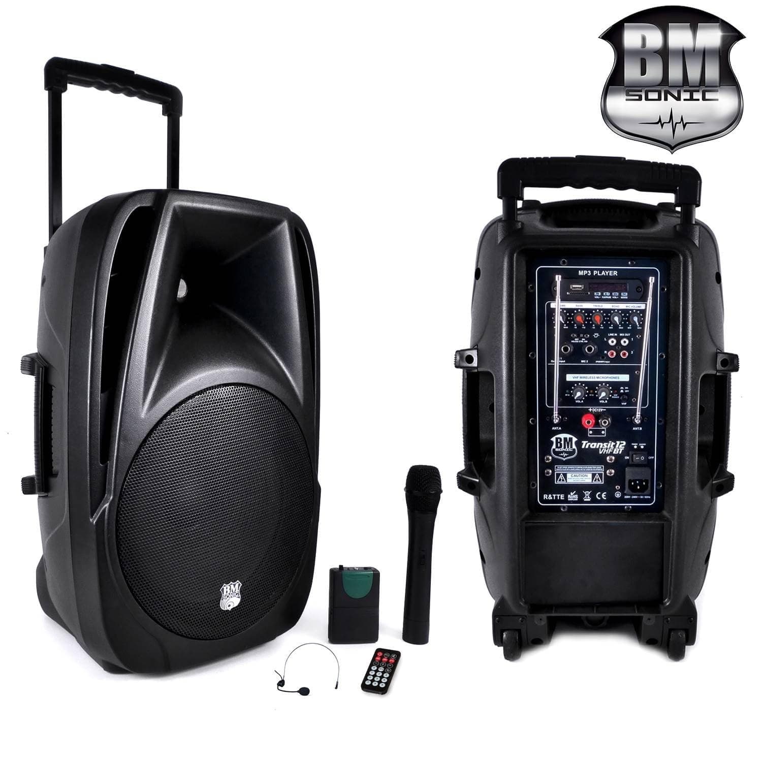 BM Sonic Transit Bluetooth Portable Speaker with Built-In Battery/Microphone VHF/Remote Control/USB/SD Black 12" black