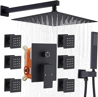 Enga Shower Jets System in Wall, 12 Inch Rainfall Shower System with 6 Body Jets, Wall Mounted Rain Shower and Handheld Shower Faucet Sets Complete, Matte Black