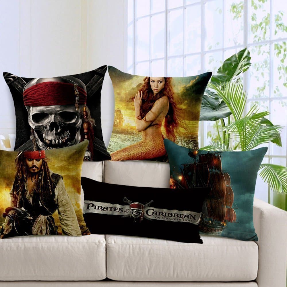【Bailand】18 x 18 Inch A set of 5 Vintage Style Cotton Linen Square Throw Pillow Case Decorative Cushion Cover Case for Sofa,Bed,Chair-Pirates of the Caribbean Jack mermaid skeleton