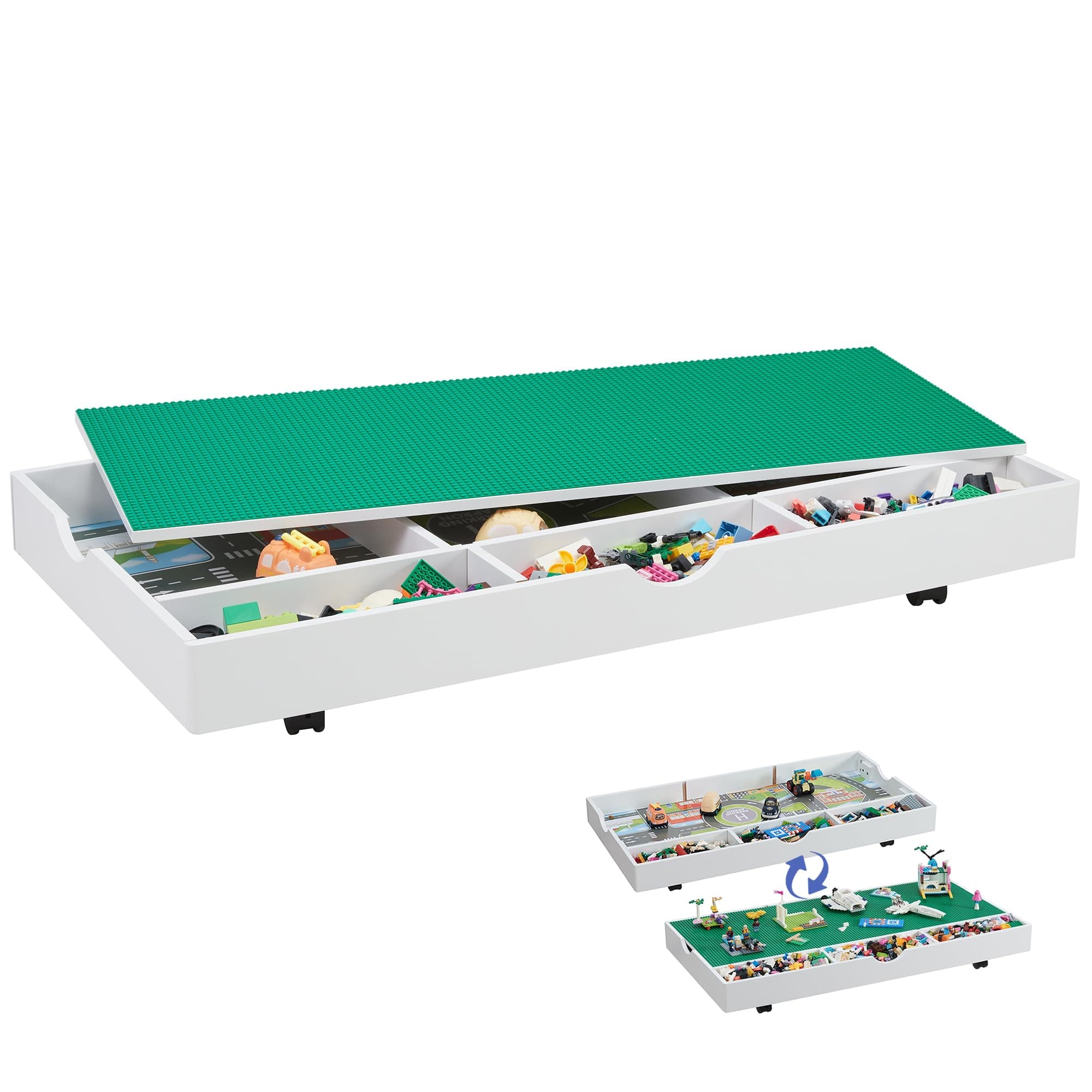 3 in 1 Construction Play Table Compatible with Lego, Game Table with Block Board and Train Car, Rolling Game Table with Locking Wheels and Storage Space, Suitable for Storing Under Bed or Sofa (White)
