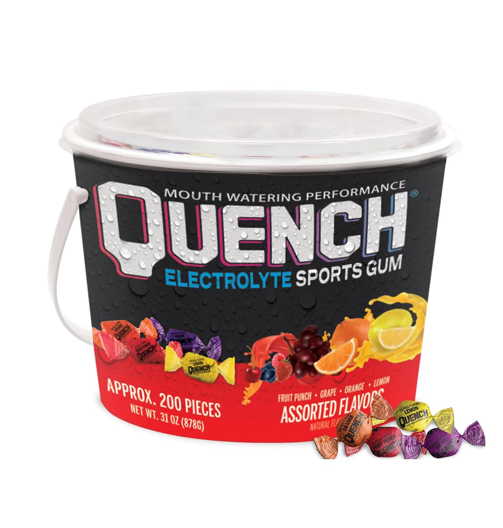 Quench Gum Variety Buckets Electrolyte Chewing Gum for Athletes and Sports Trainers, Fruity Flavor, Pack of 200