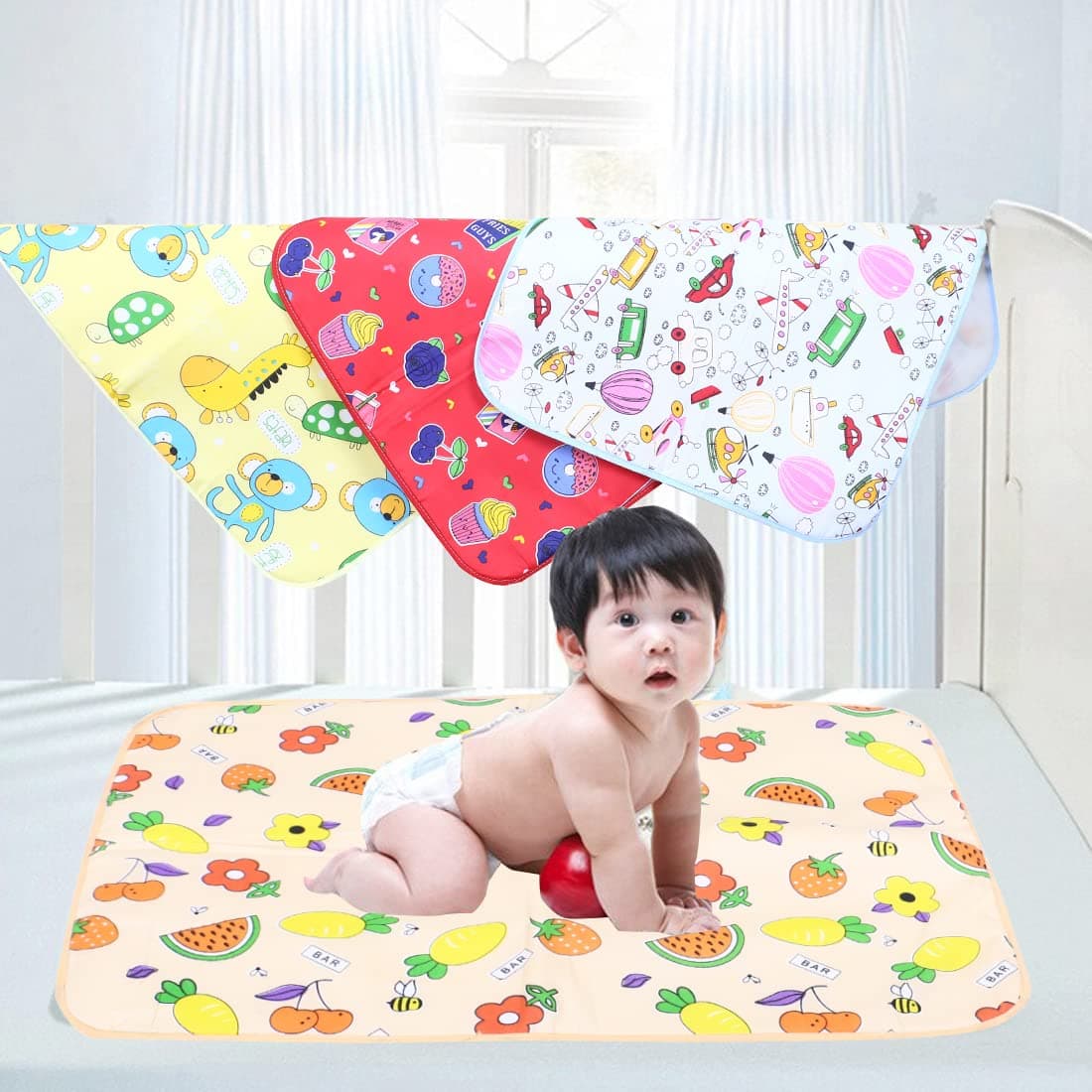 Sharma Clothing Baby's Soft Cotton Plastic Sleeping Mat,Changing Mat,Waterproof Bed Protector with Foam Cushioned Changing Sheet-Set of 4(0 to 12 Months) Length: 61 CM & BREADTH : 46 CM
