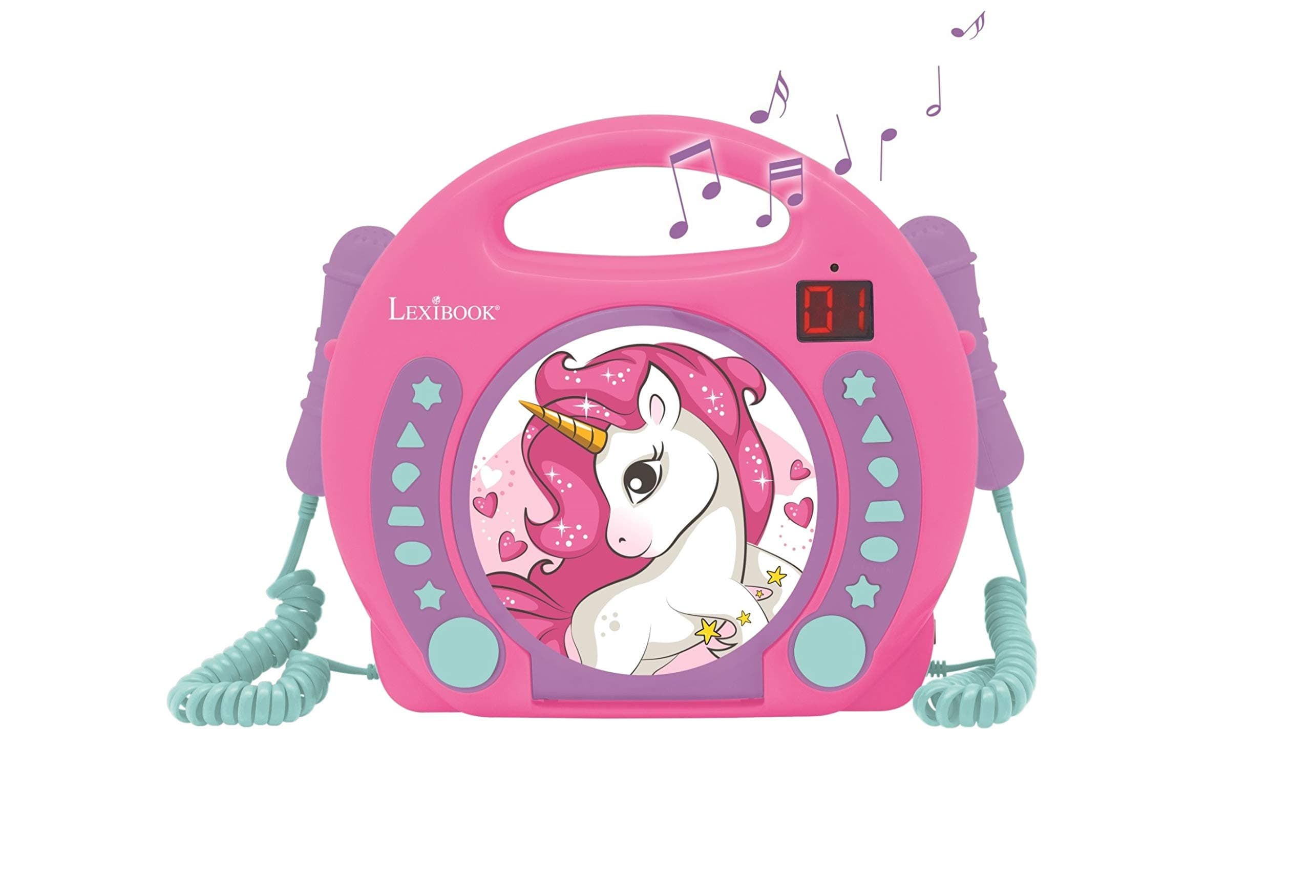 Lexibook, Unicorn, Portable CD player with Microphones, Music Player, Repeat and Programming, Karaoke, Headphones jack, Pink, RCDK100UNI
