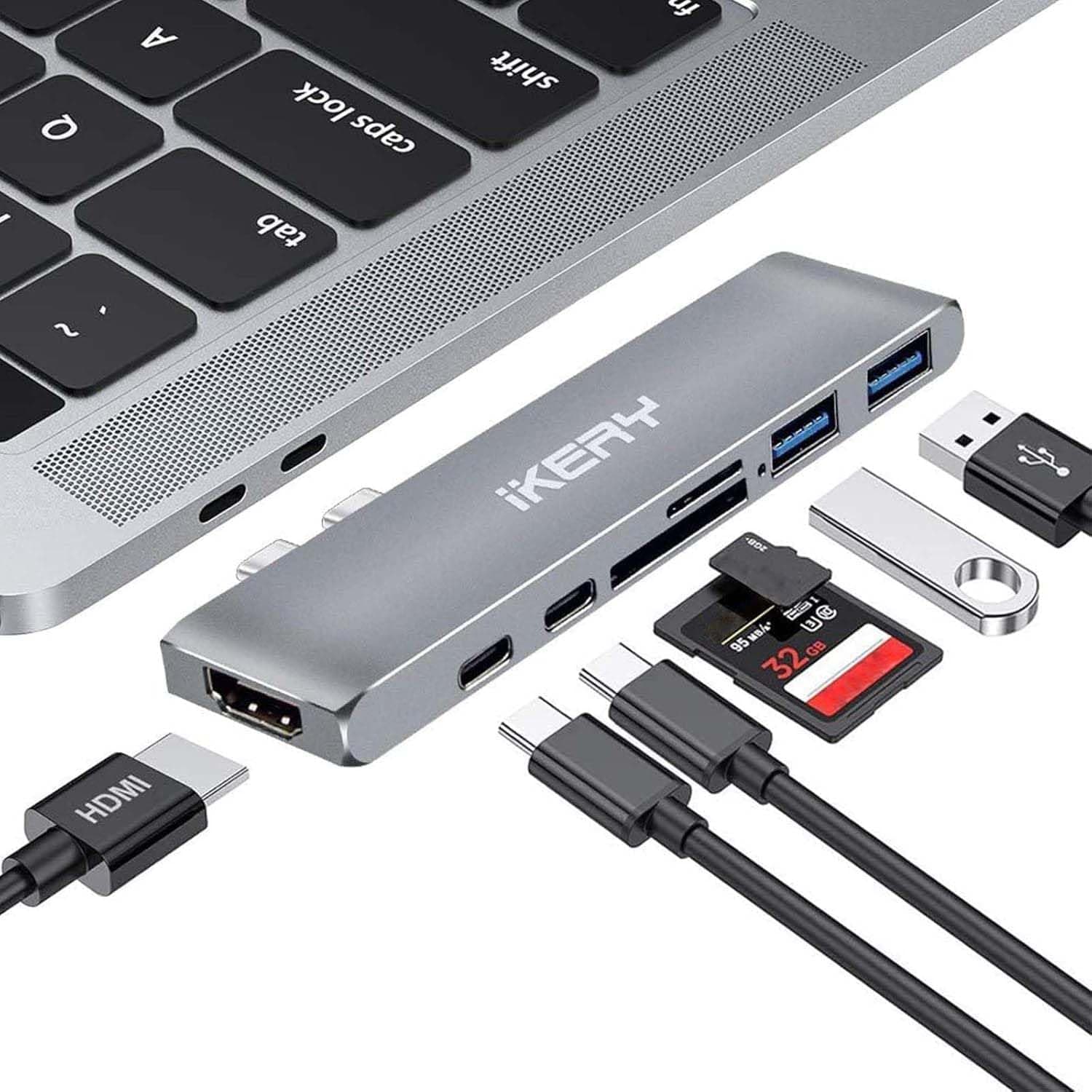 IKERY USB C Hub Thunderbolt 3-Port, 4K-HDMI-Port, 2 USB 3.0-Ports, USB C Port und SD / Micro Card Reader gleichzeitig zu verwenden,für MacBook Pro 2016/2017/2018/2019, Air 2018/2019 (7-1 Typ C Hub für MacBook Pro/Air)