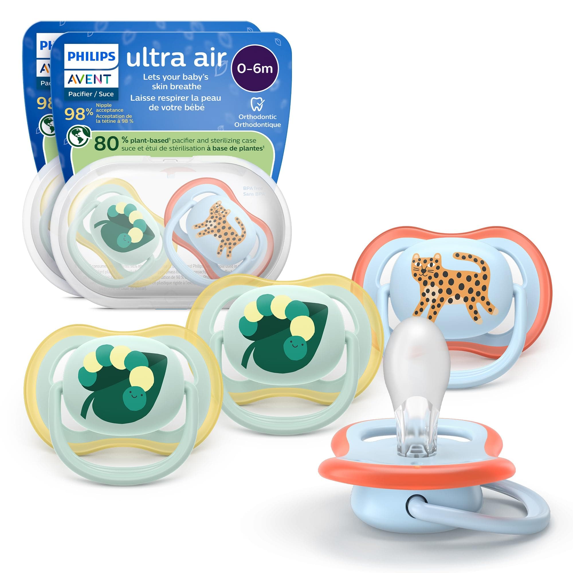 Philips Avent Ultra Air Pacifiers - Orthodontic Design, for Babies 0-6 Months, Soft Silicone Symmetrical Nipple, BPA-Free, 2 Sterilizing Cases, 4 Pack, SCF087/19