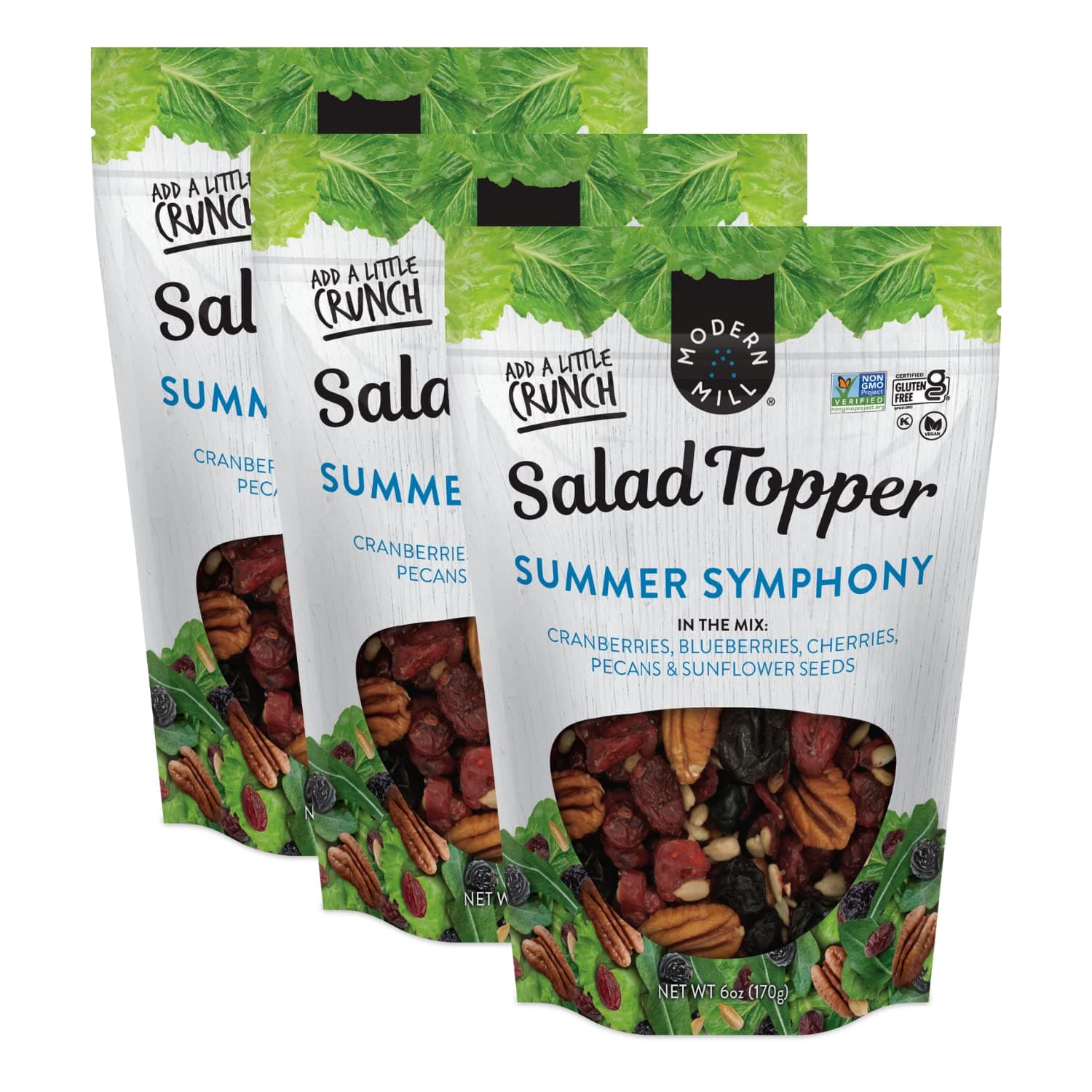 Modern Mill Summer Symphony Mixed Salad Topper By Gourmet Nut - Dried Cranberries,Blueberries,Pecans,Cherries & Sunflower Seeds - Gluten Free,Kosher,Dried Fruit & Nuts Snack -6oz Resealable Bag (3 Pk)