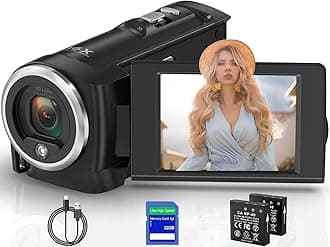 Camcorder Video Camera QHD 2.7K 56MP 16X Digital Zoom Vlogging Camera with LED Fill Light for YouTube, 2.8 Inch 270 Degree Rotation LCD Screen Camcorder with 32GB SD Card and Two Batteries