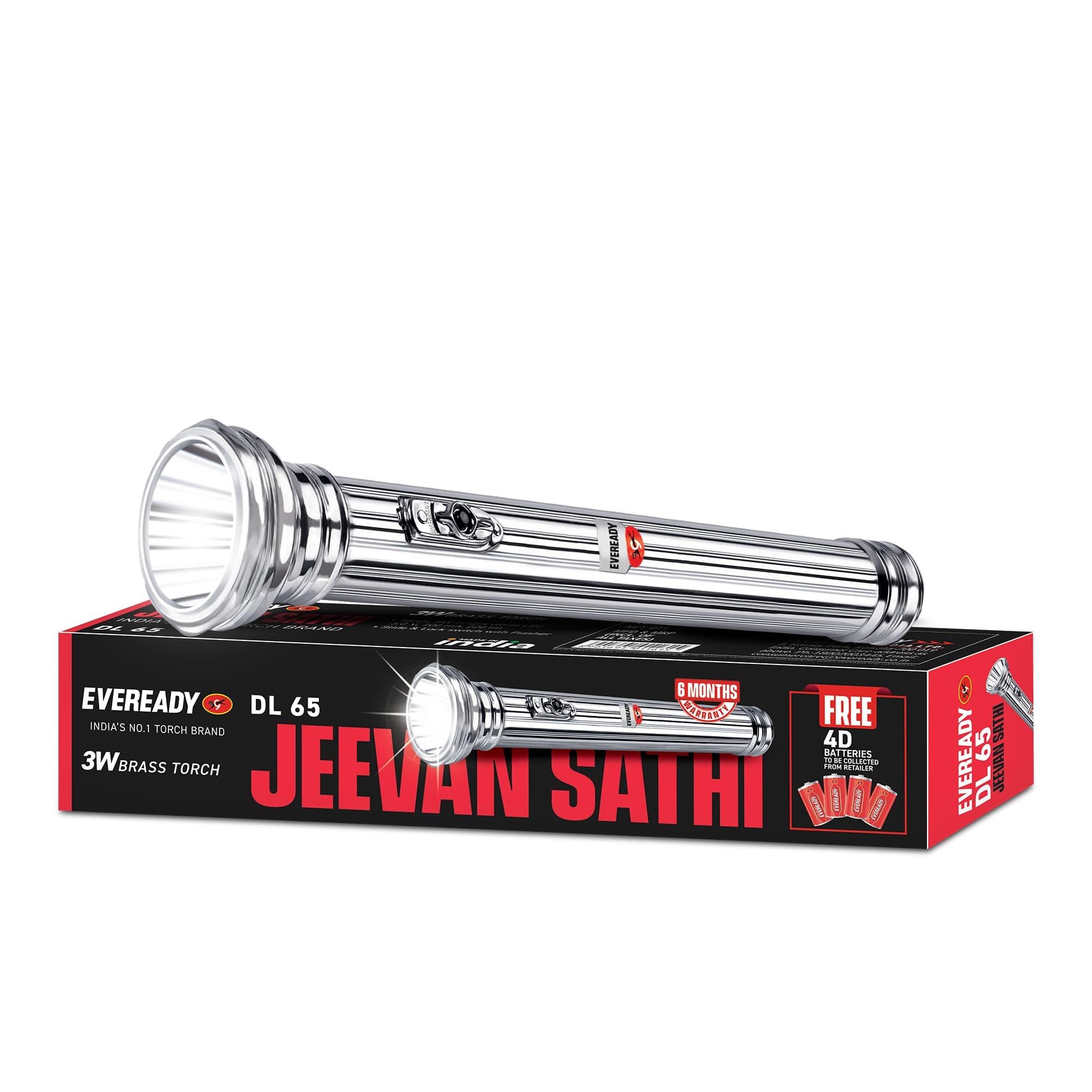 Eveready Jeevansathi DL65 | 3W Torch with Retro & Classic Touch | Powered by 4xD Battery | Super Bright White LED | 20000 Lux Output | 3.5 km Radius | Flasher Function | Durable Brass Body | Silver