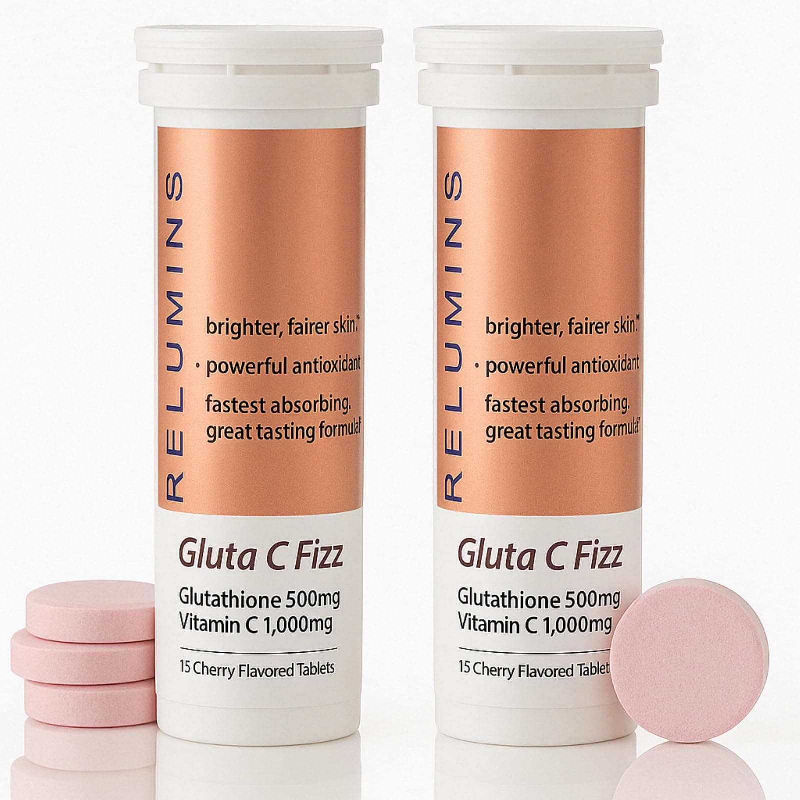 Relumins Gluta C Fizz - High Dose, Fast Absorption 500mg Glutathione & 1000mg Vitamin C - Cherry Flavored Effervescent Tablets | Detox, Collagen Boost | for Glowing, Rejuvenated Skin - 15 Tablets x 2